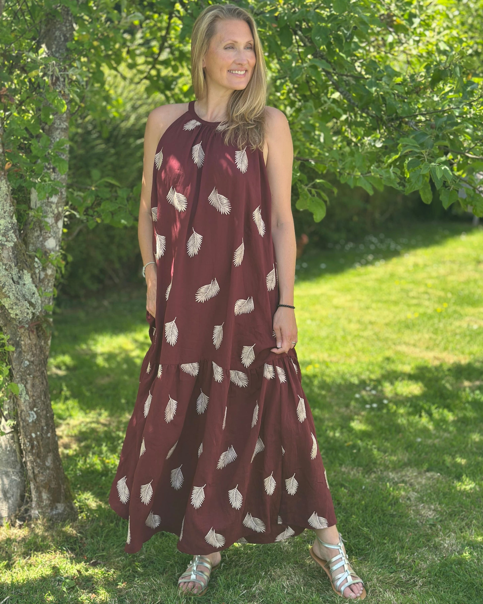 Clothing Embroidered Leaf Halterneck Maxi Dress - Burgundy