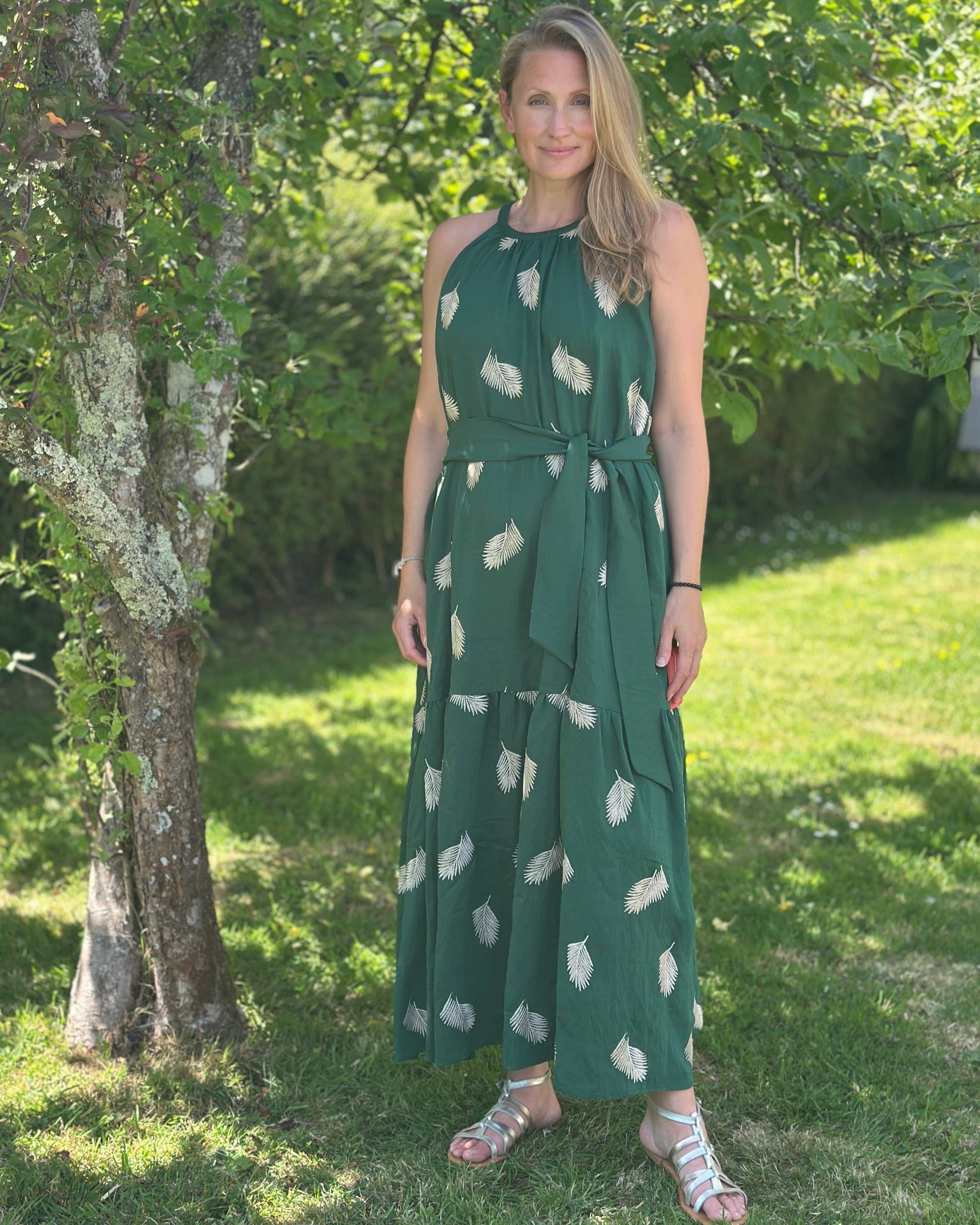 Clothing Embroidered Leaf Halterneck Maxi Dress - Green