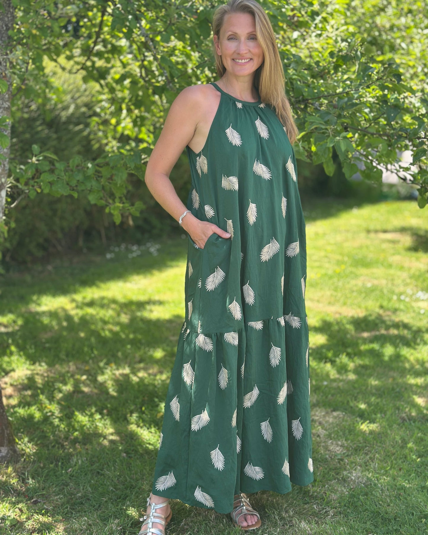 Clothing Embroidered Leaf Halterneck Maxi Dress - Green