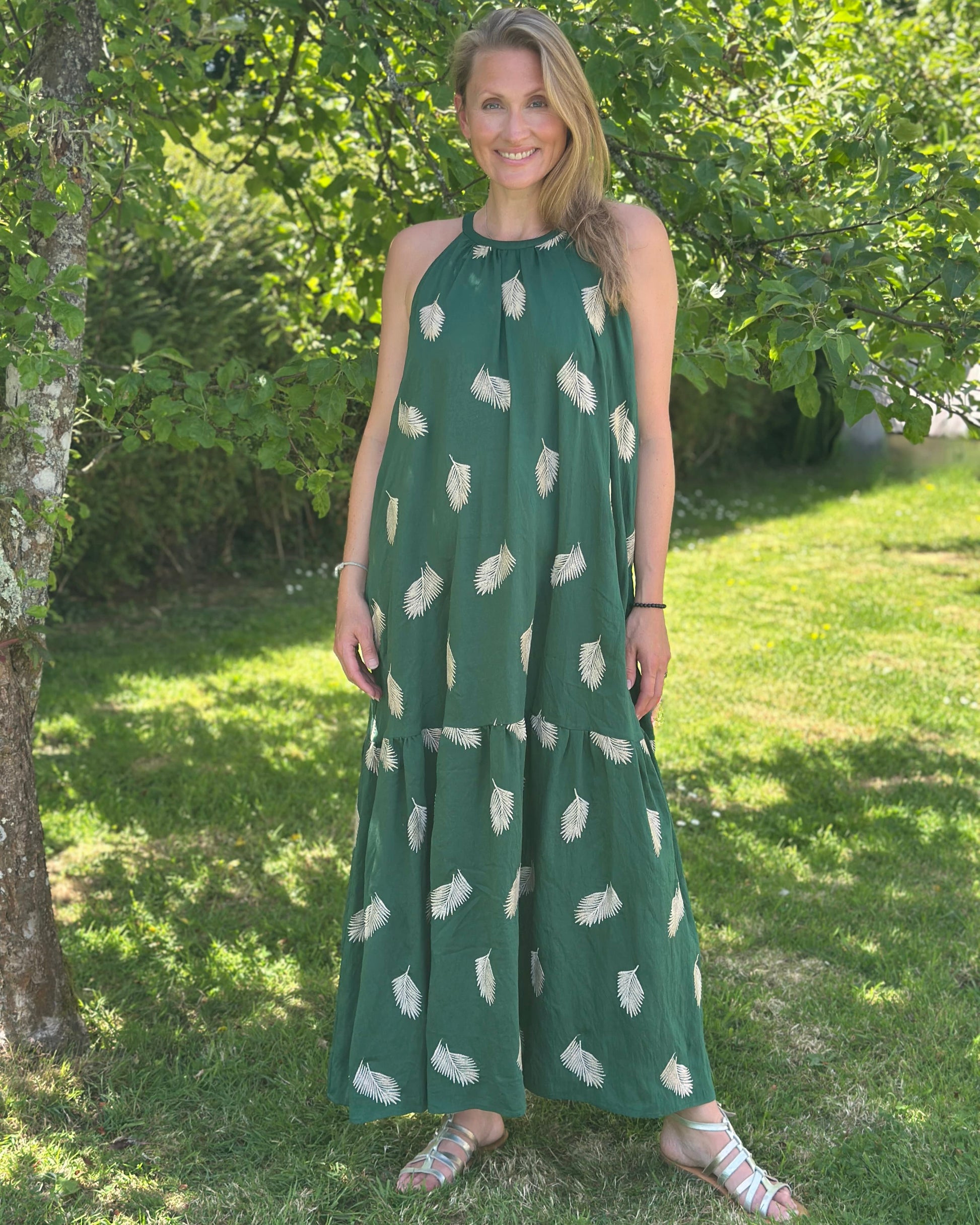 Clothing Embroidered Leaf Halterneck Maxi Dress - Green