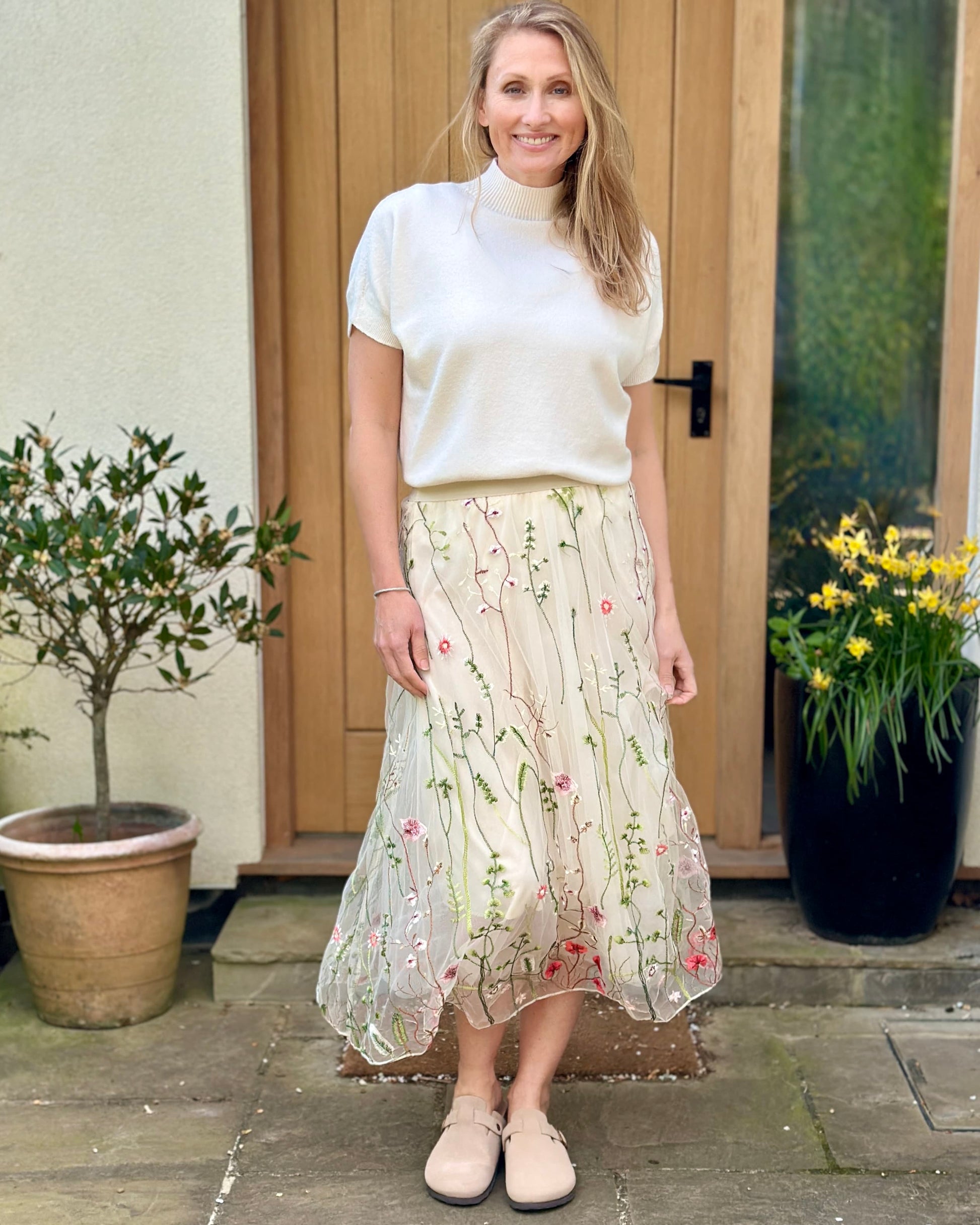 Clothing Embroidered Meadow Tulle Skirt - Cream