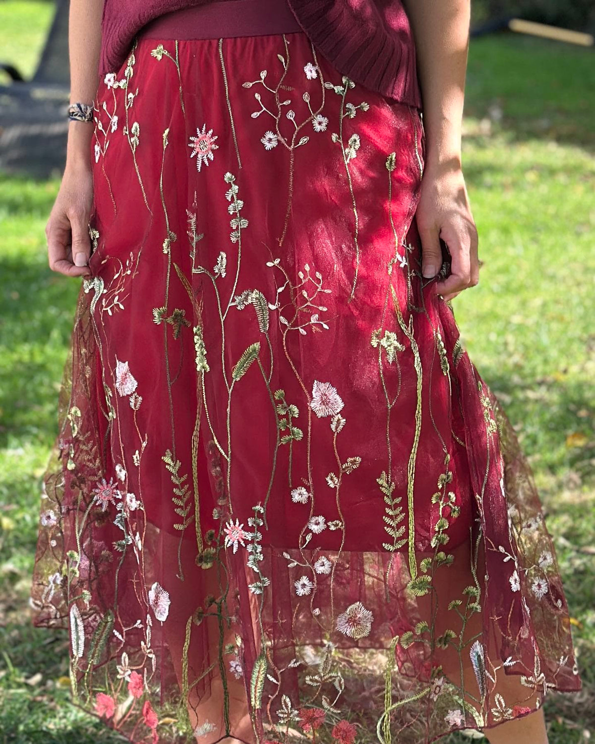 Clothing Embroidered Meadow Tulle Skirt - Red