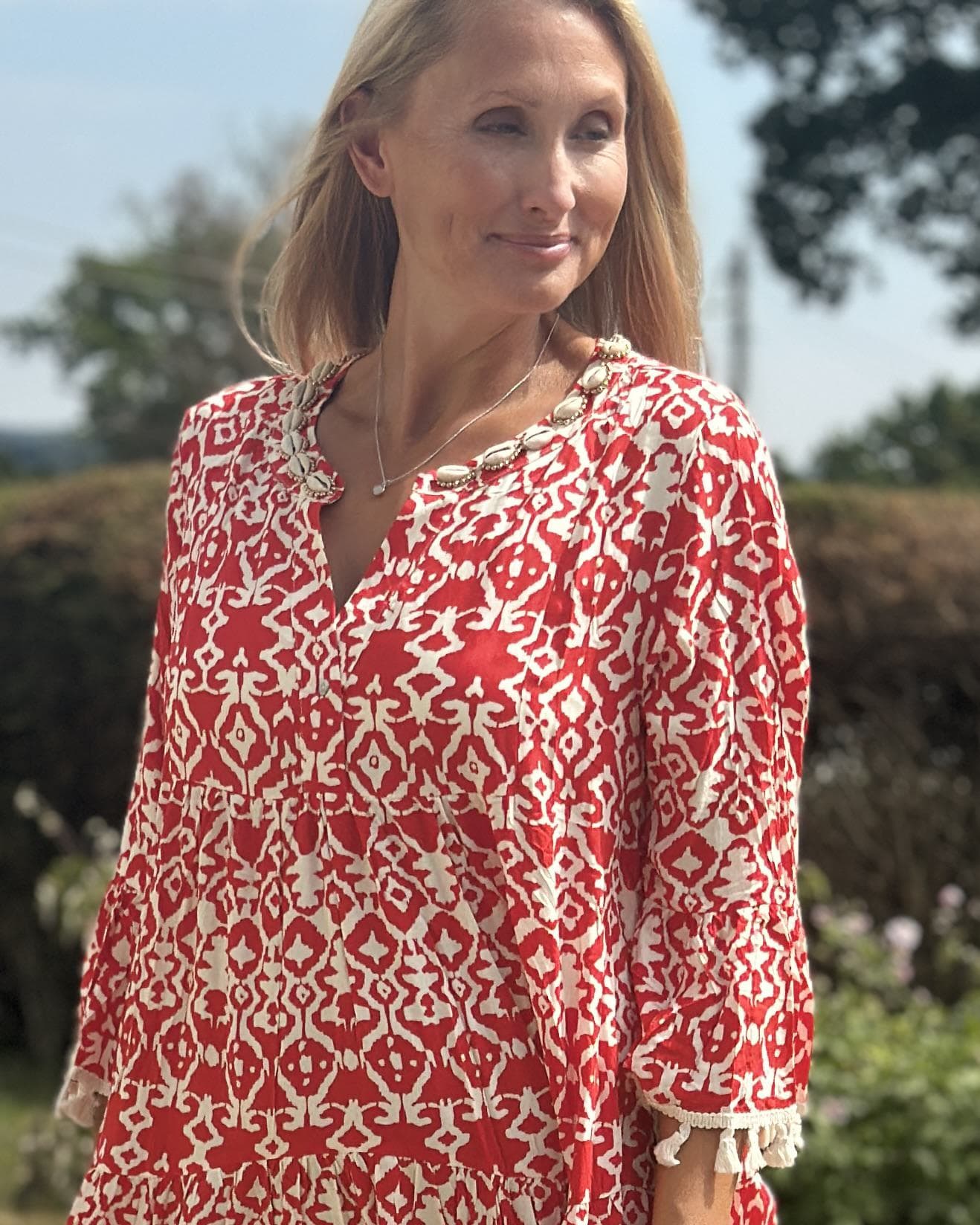 Clothing Ethnic Print Tiered Dress With Shell Embellishments - Red