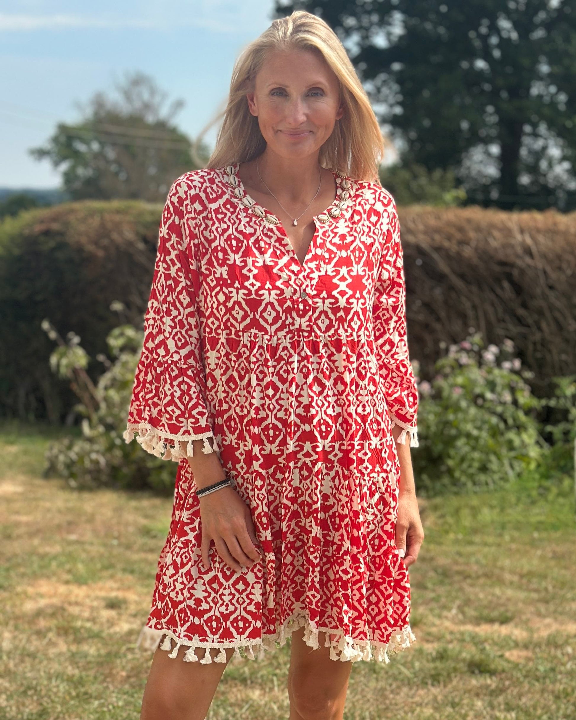 Clothing Ethnic Print Tiered Dress With Shell Embellishments - Red