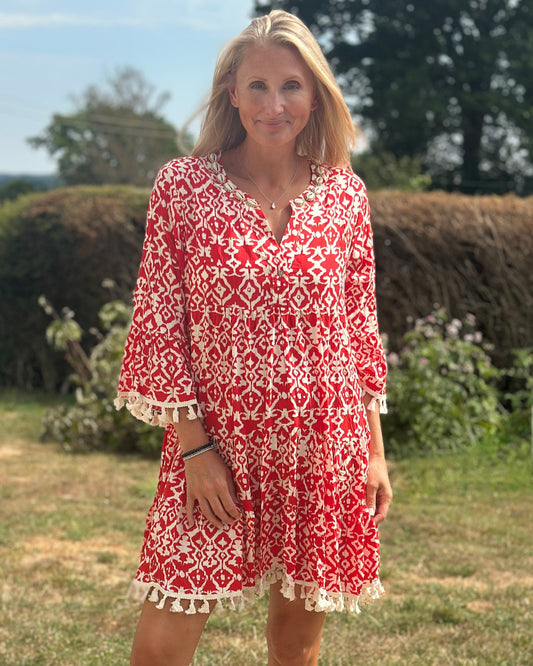 Clothing Ethnic Print Tiered Dress With Shell Embellishments - Red