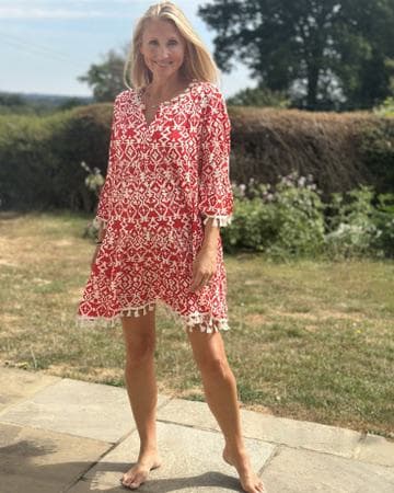 Clothing Ethnic Print Tiered Dress With Shell Embellishments - Red