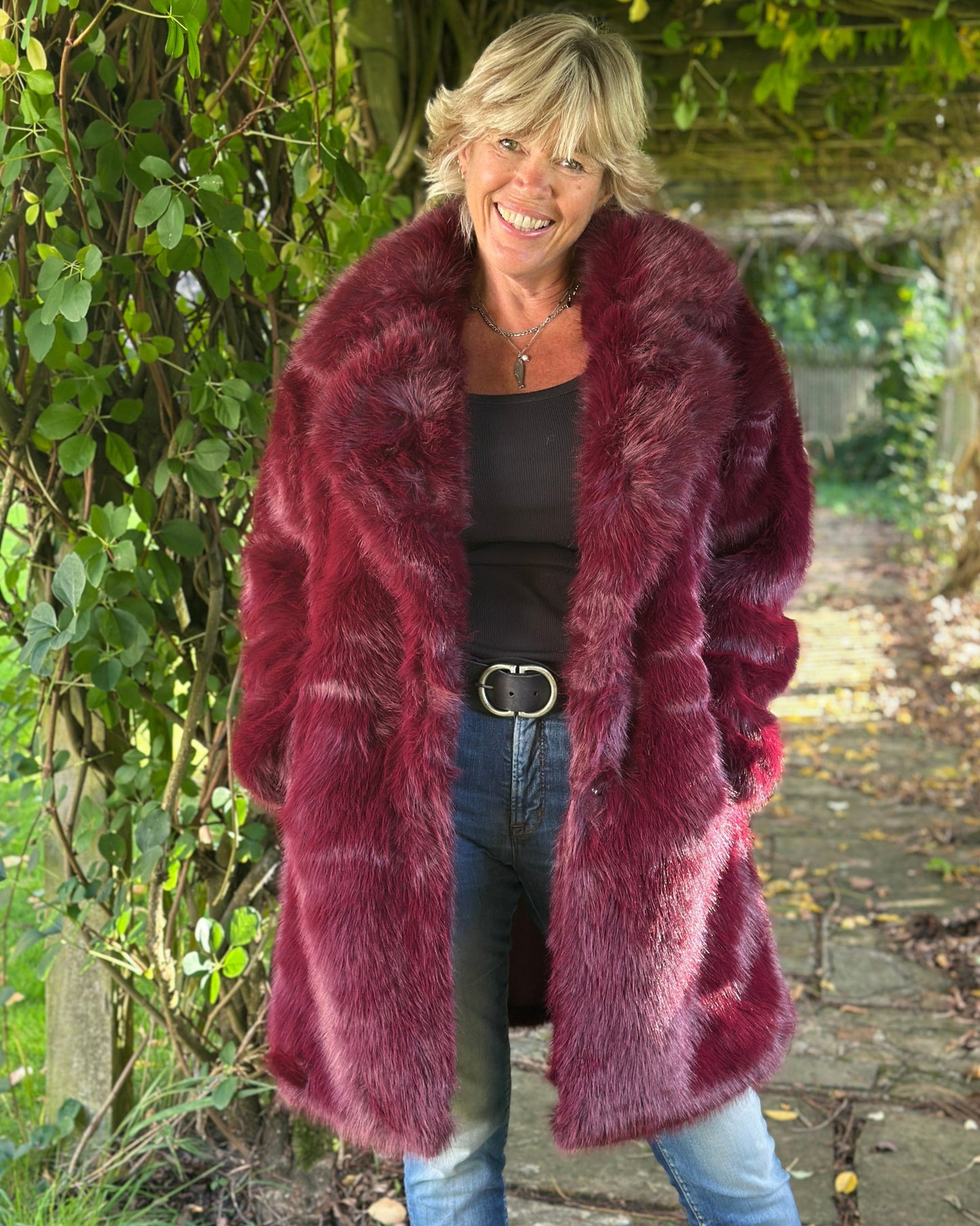 Clothing Faux Fur Mid Length Coat - Burgundy