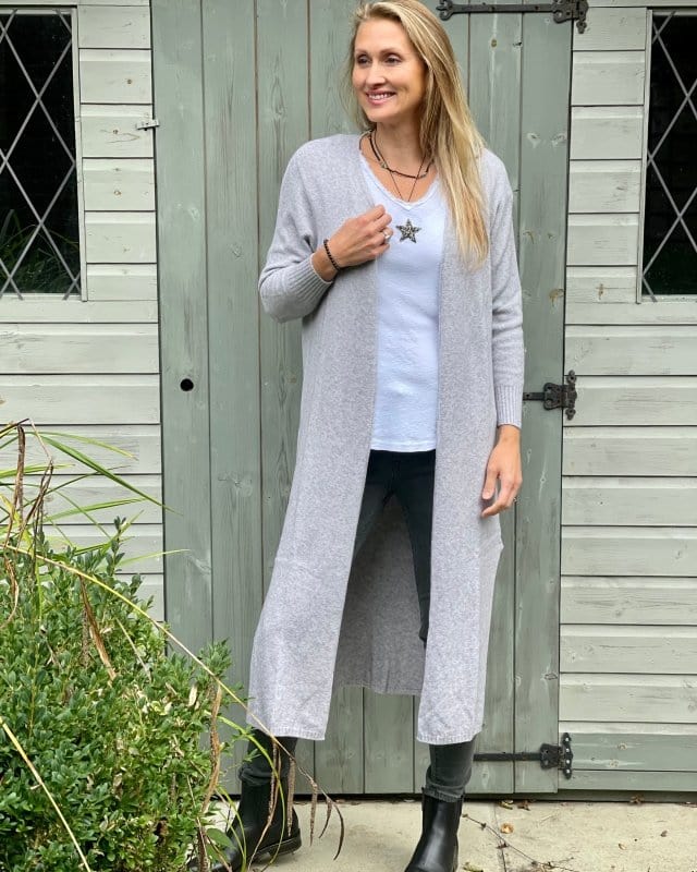 Fine Knit Long Cardigan Pale Grey LavenderLime clothing