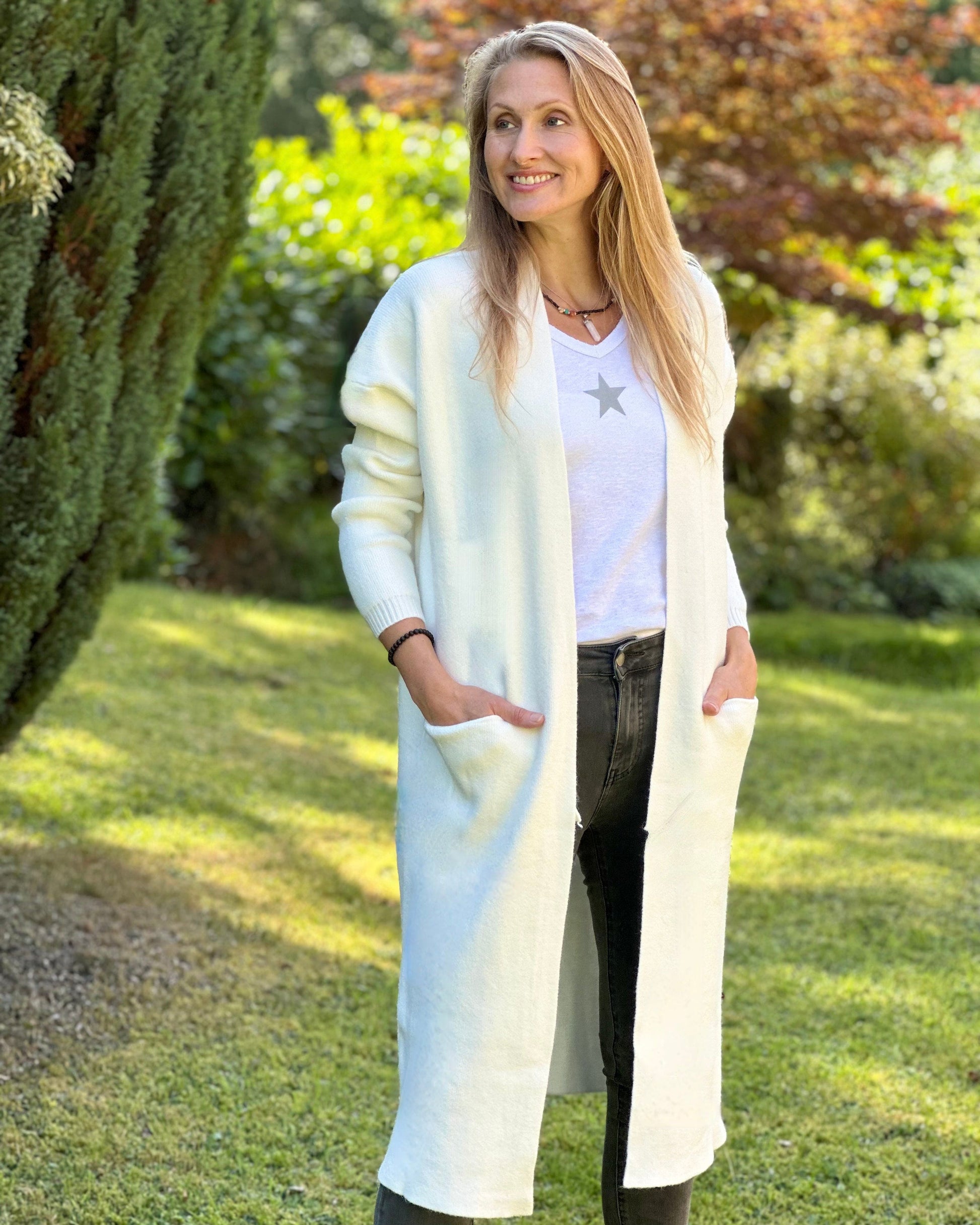 Fine Knit Long Cardigan With Pockets Cream LavenderLime clothing