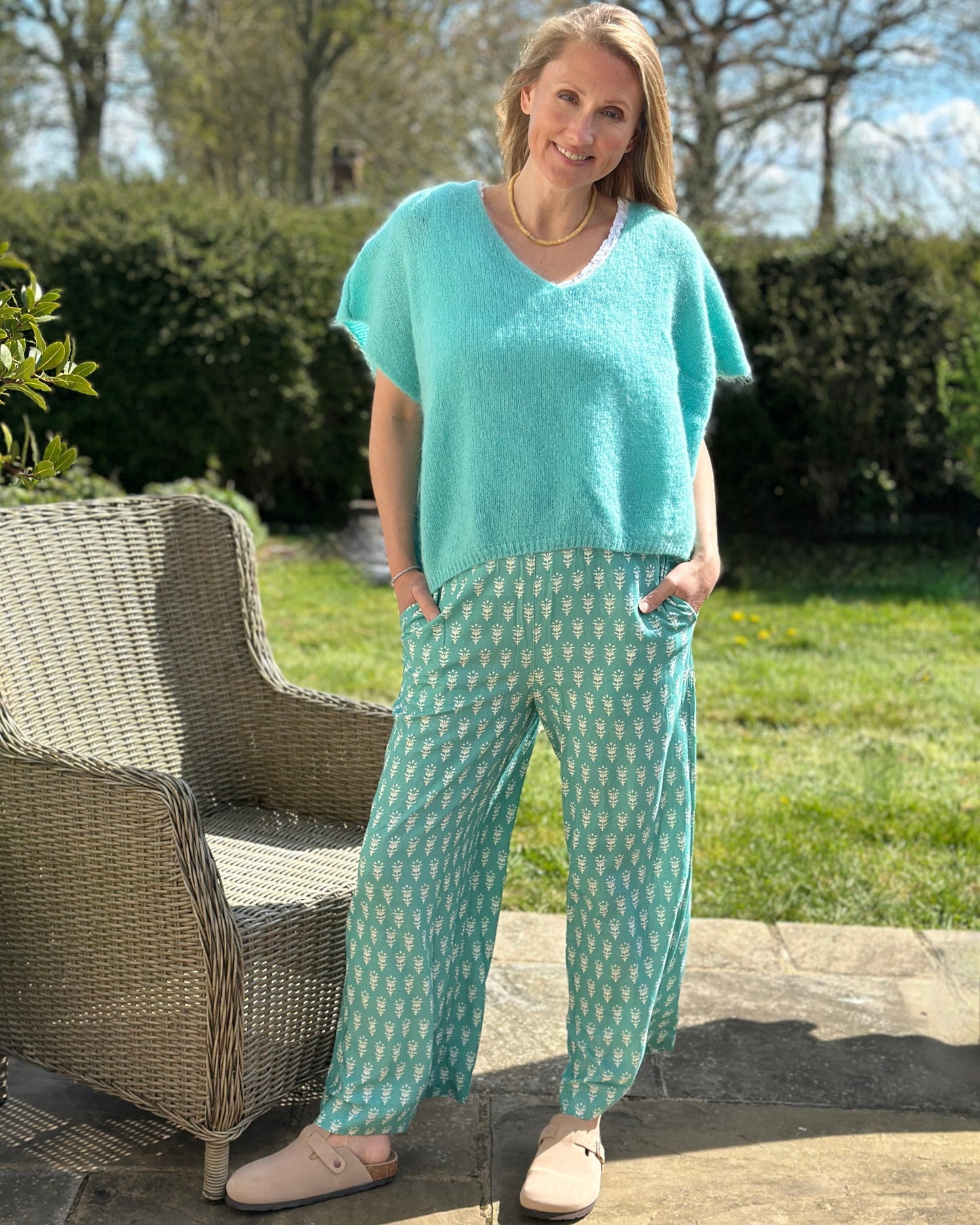 Clothing Floral Block print Palazzo Trousers - Sea Foam