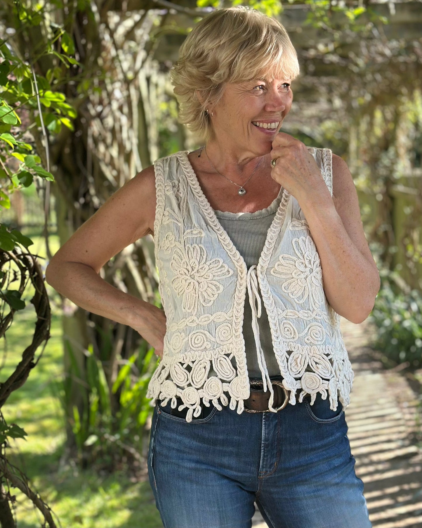 Clothing Floral Embroidered Lace Waistcoat - Stone