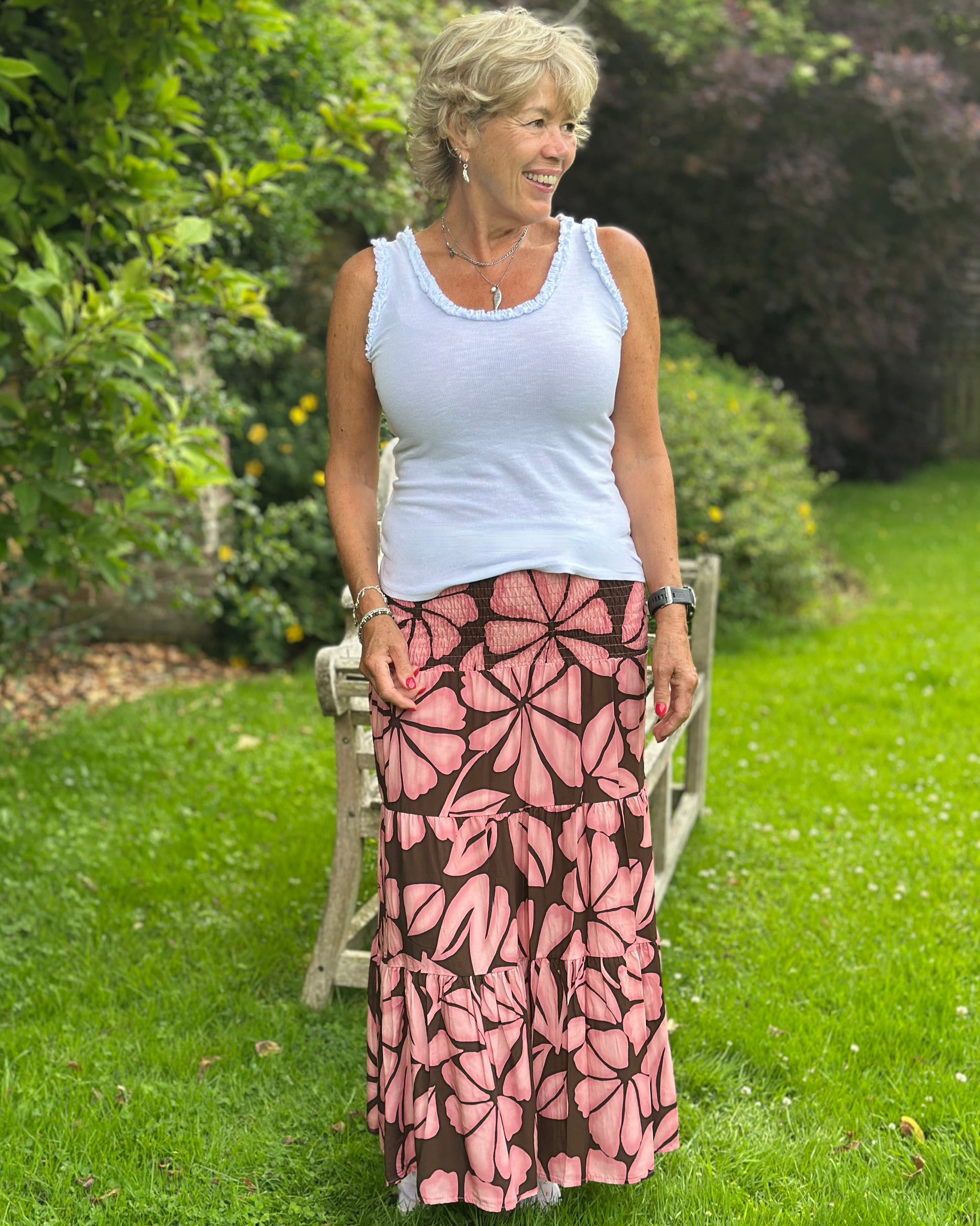 Clothing Floral Patterned Tiered Skirt/Dress - Pink/Brown