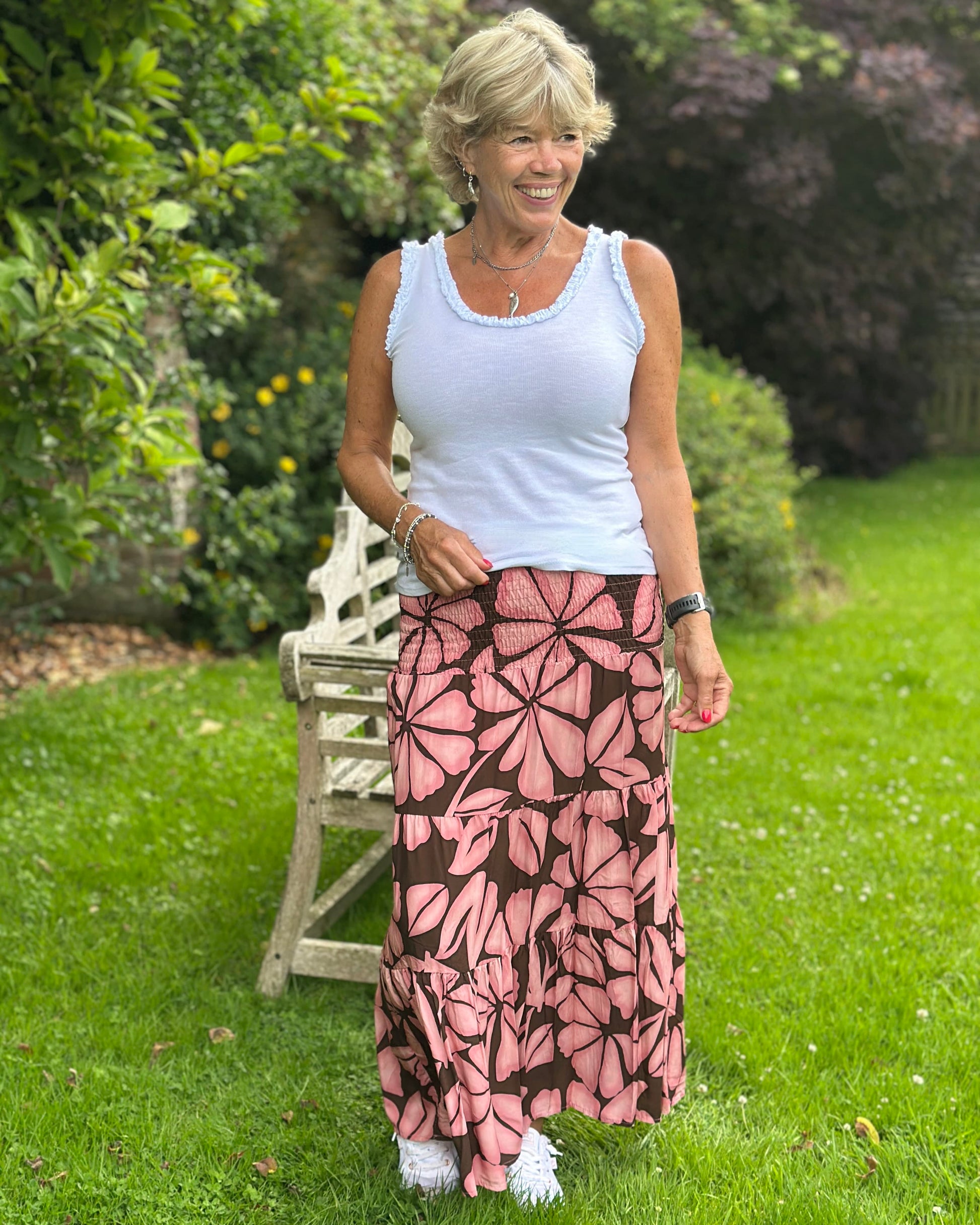 Clothing Floral Patterned Tiered Skirt/Dress - Pink/Brown