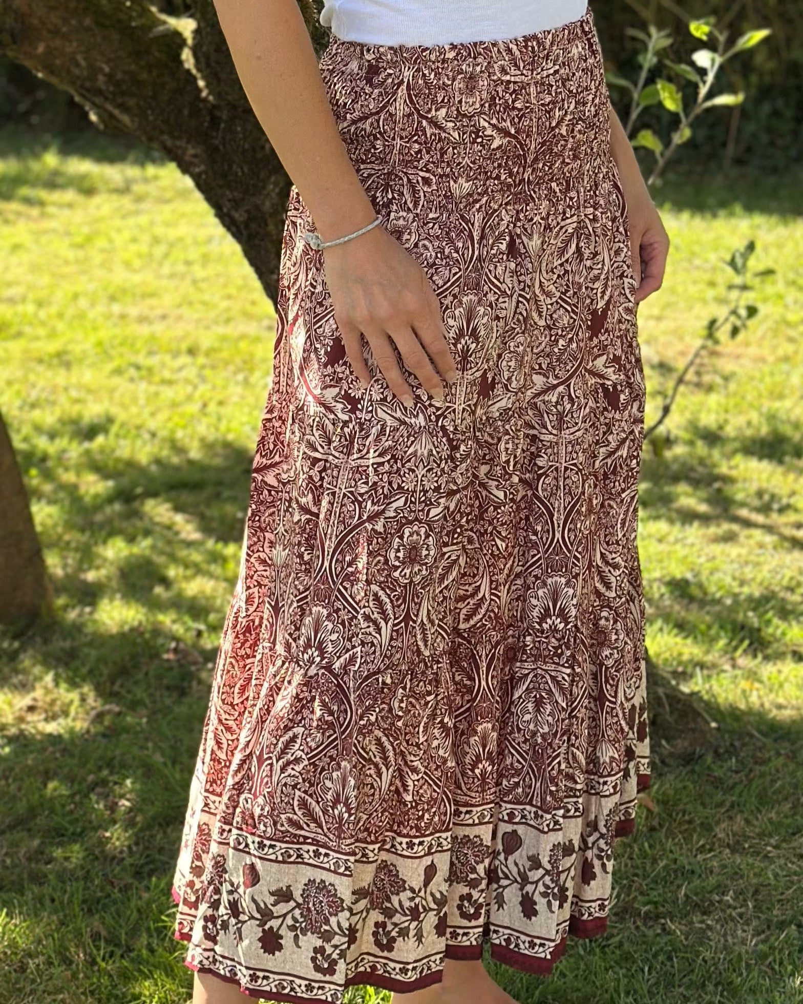 Clothing Flower Patterned Tiered Skirt/Dress - Burgundy