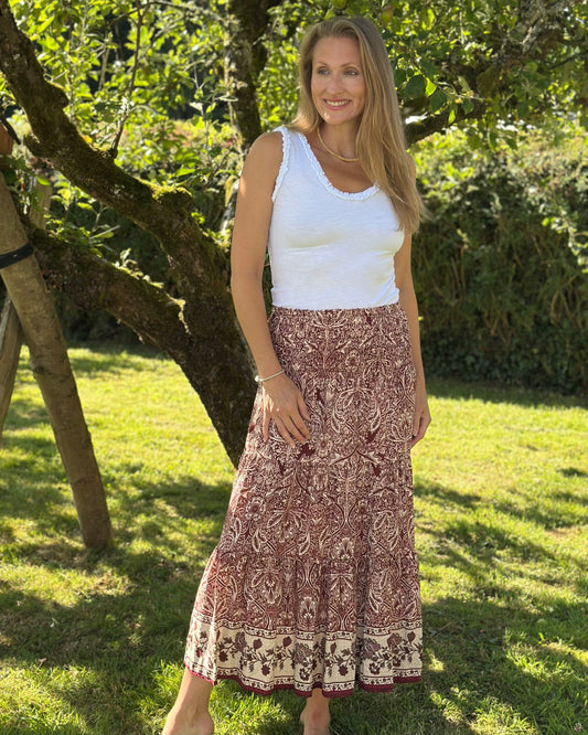 Clothing Flower Patterned Tiered Skirt/Dress - Burgundy