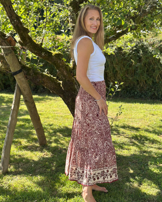 Clothing Flower Patterned Tiered Skirt/Dress - Burgundy