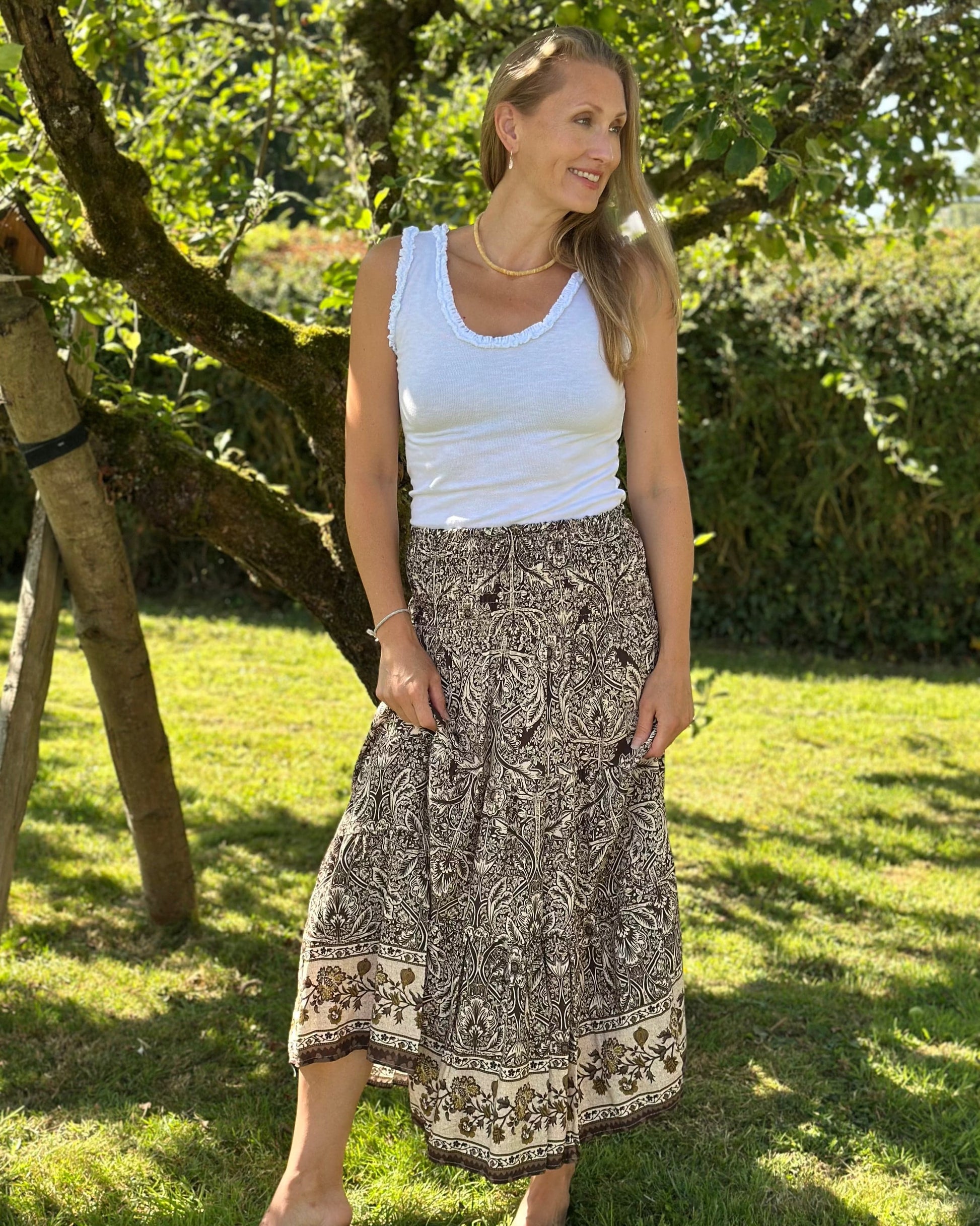Clothing Flower Patterned Tiered Skirt/Dress - Chocolate