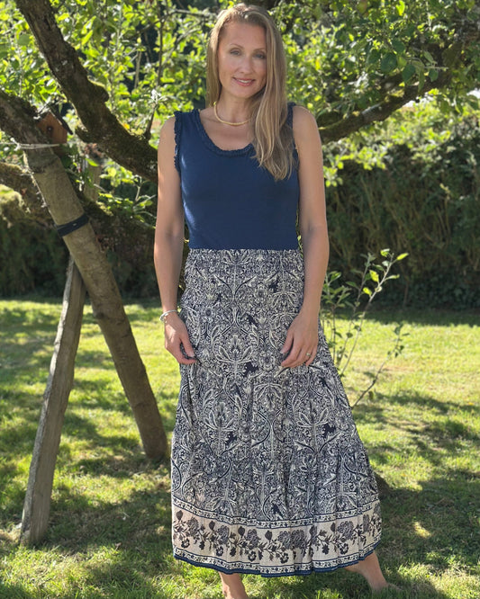 Clothing Flower Patterned Tiered Skirt/Dress - Navy