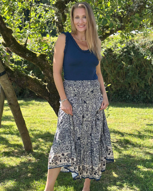 Clothing Flower Patterned Tiered Skirt/Dress - Navy