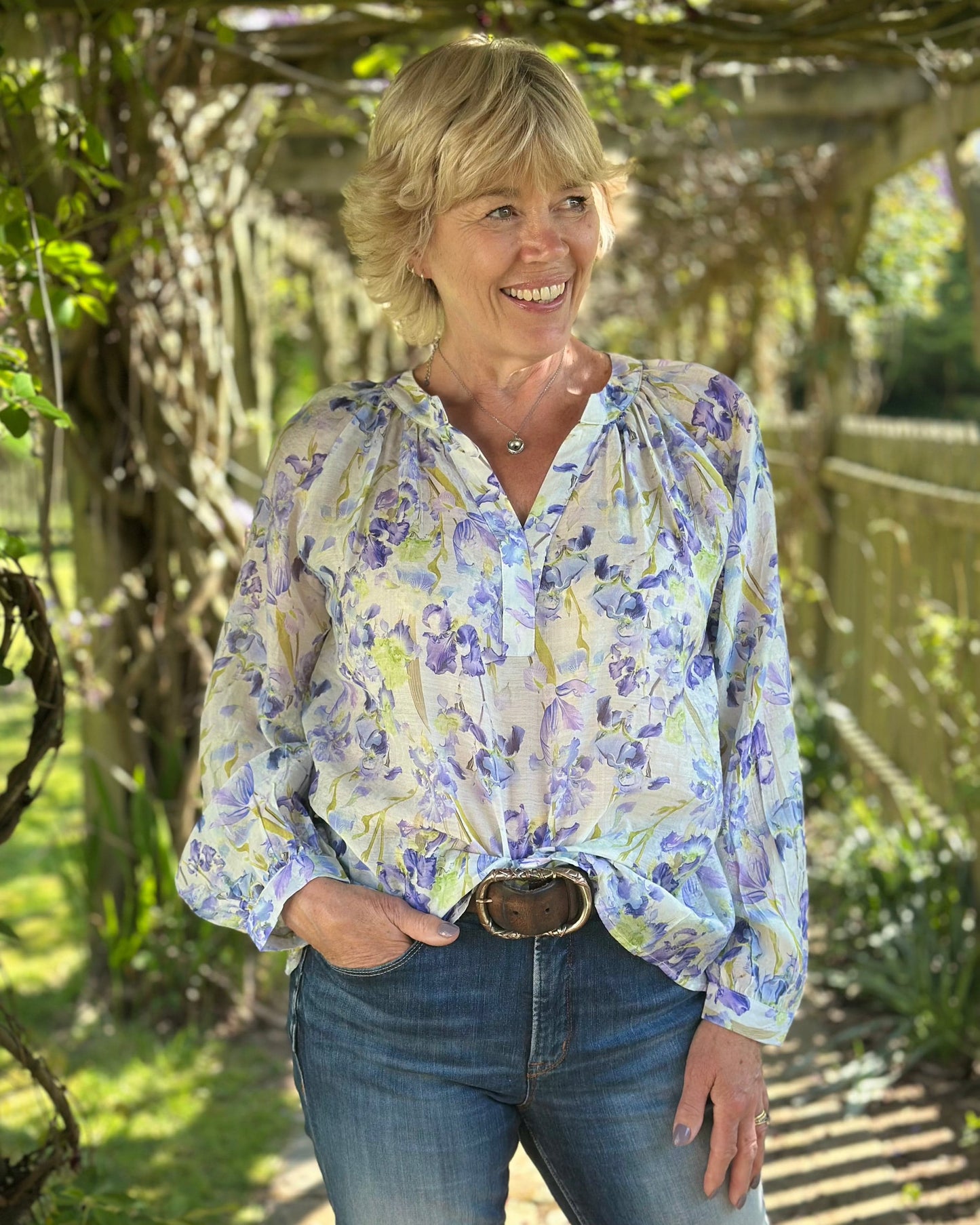 clothing Flower Print Cotton Top - Purple Iris
