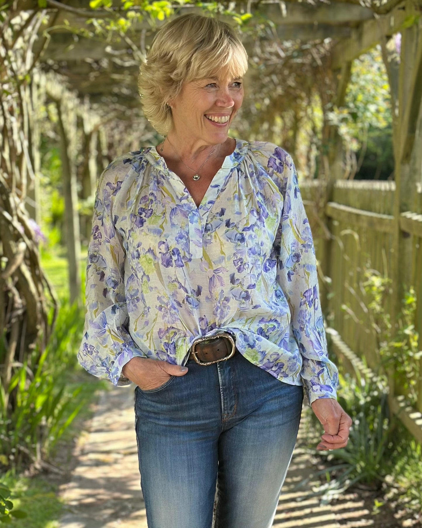 clothing Flower Print Cotton Top - Purple Iris