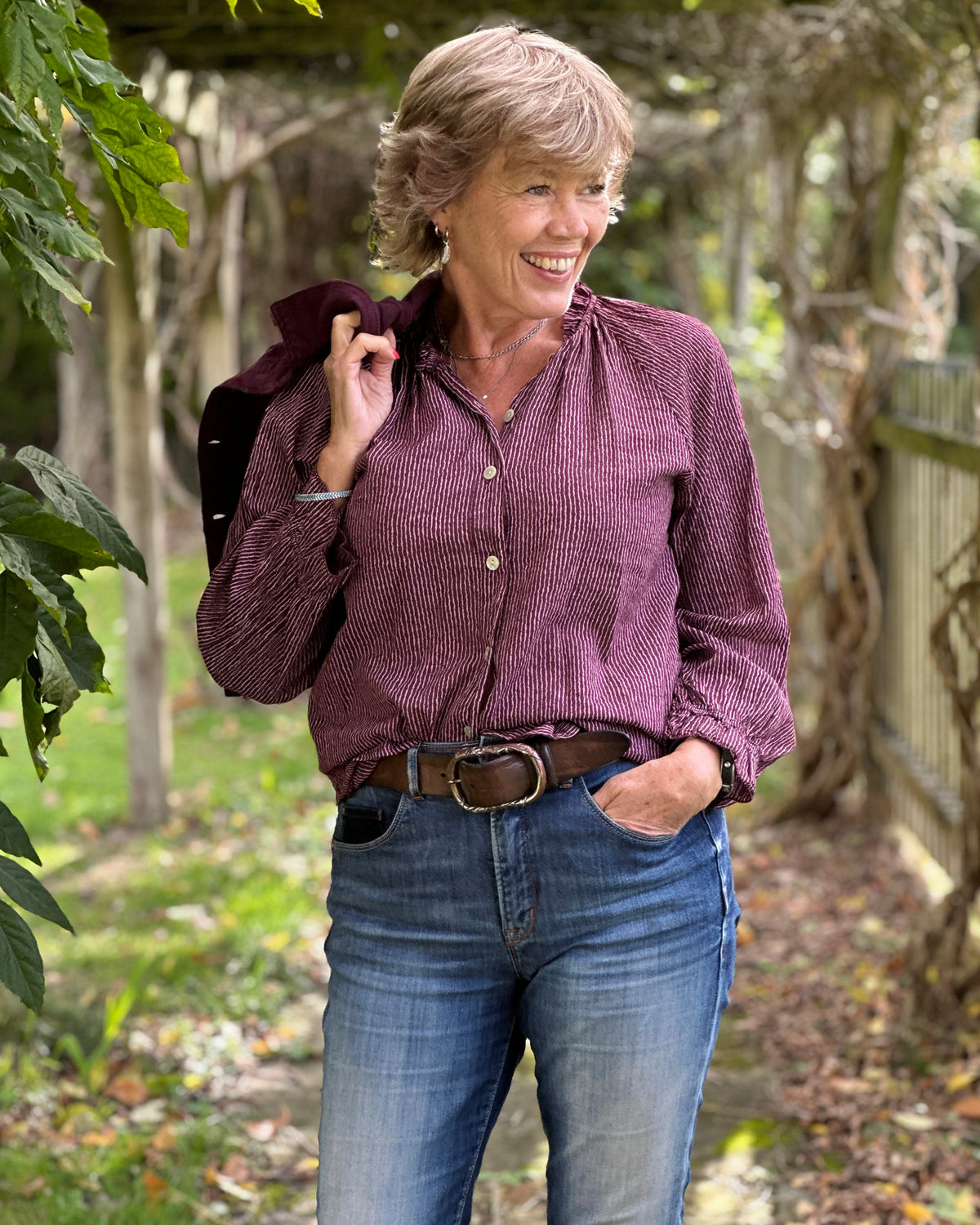 Clothing Frilled Collar Cotton Stripe Shirt - Burgundy