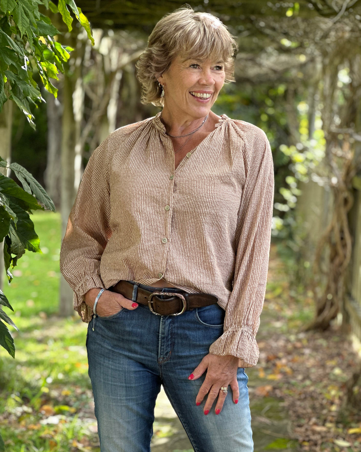 Clothing Frilled Collar Cotton Stripe Shirt - Caramel