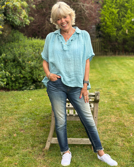 Clothing Frilled Linen Blouse - Pale Teal