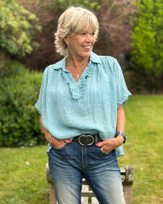 Clothing Frilled Linen Blouse - Pale Teal