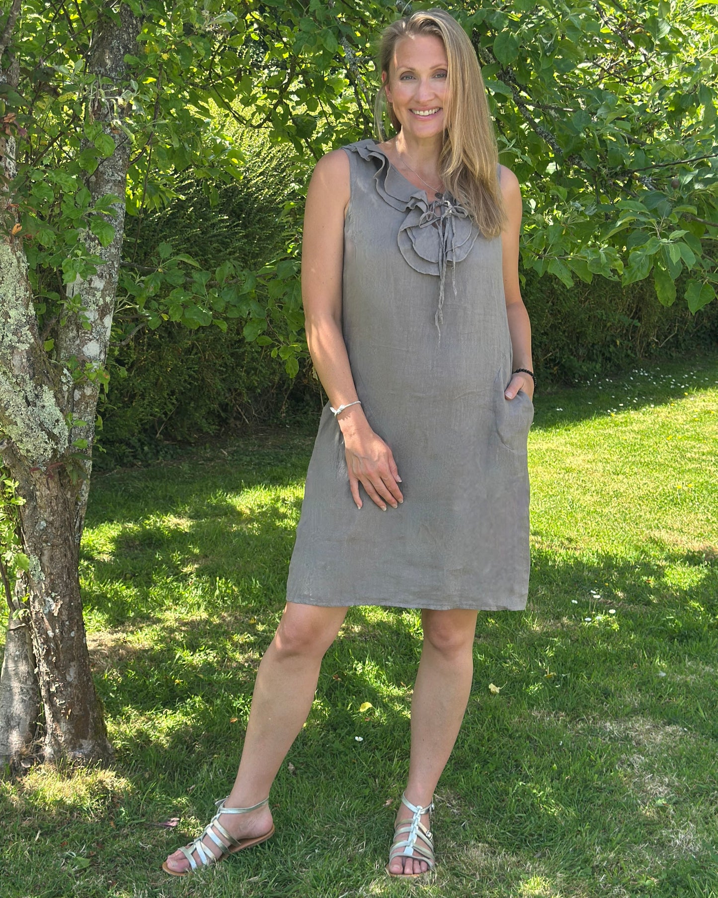 Clothing Frilled Linen Dress - Mocha