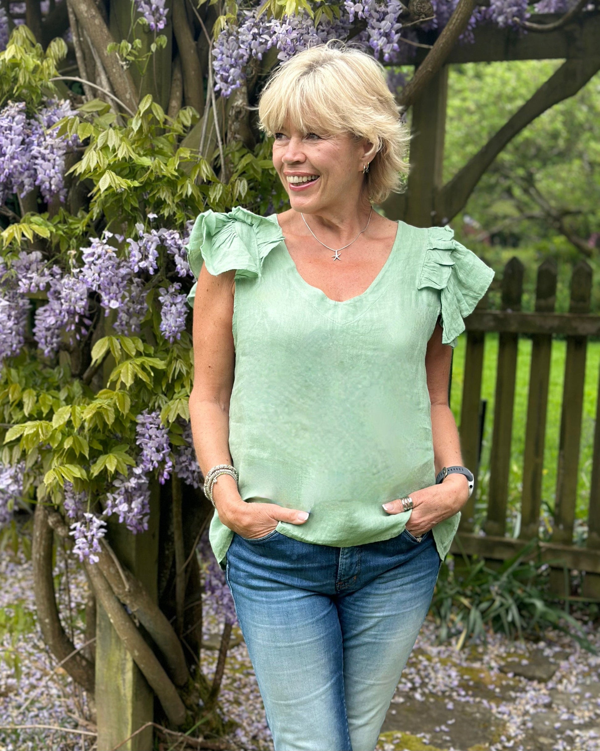 clothing Frilled Sleeve Linen Top - Sage