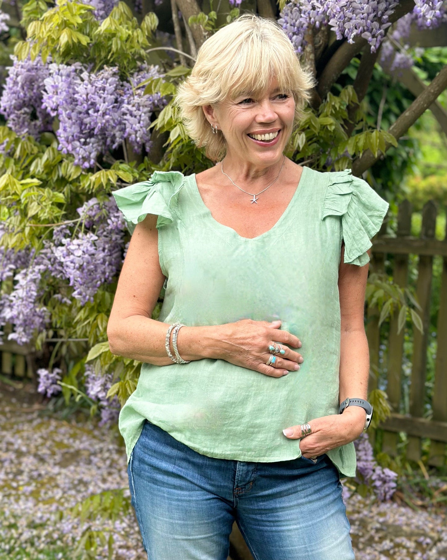 clothing Frilled Sleeve Linen Top - Sage