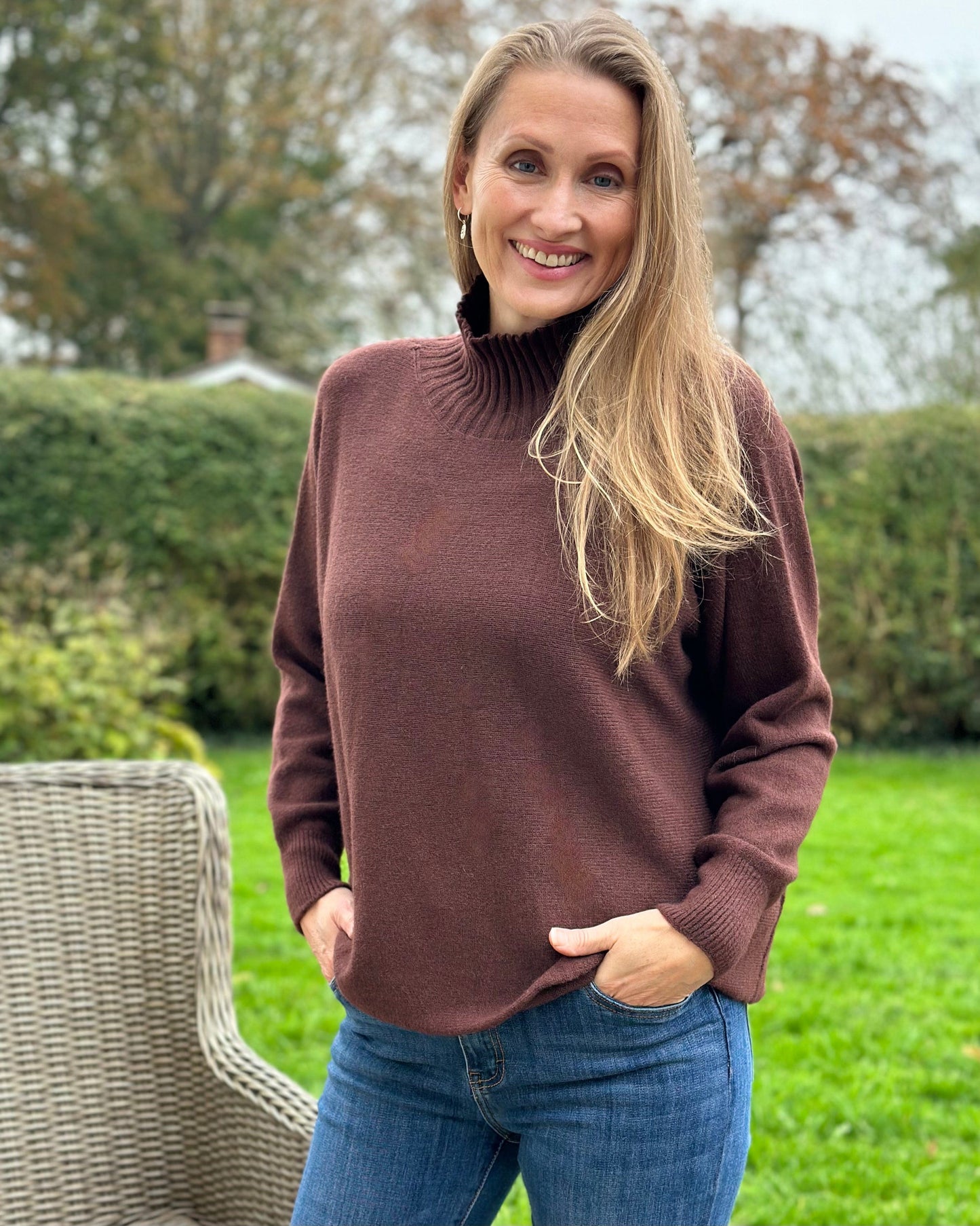 Clothing Funnel Neck Soft Knit Long Sleeve Jumper - Chocolate Brown