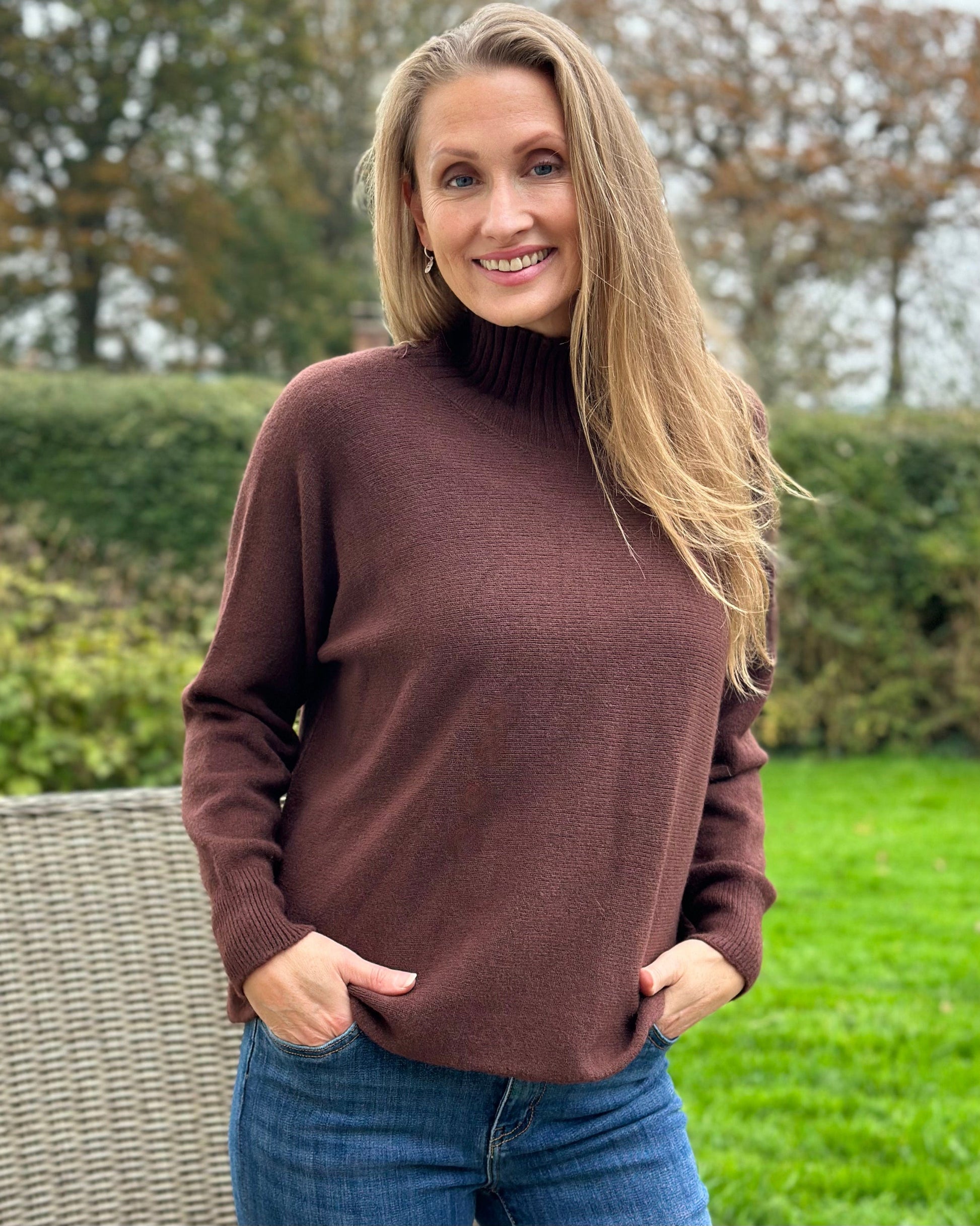 Clothing Funnel Neck Soft Knit Long Sleeve Jumper - Chocolate Brown