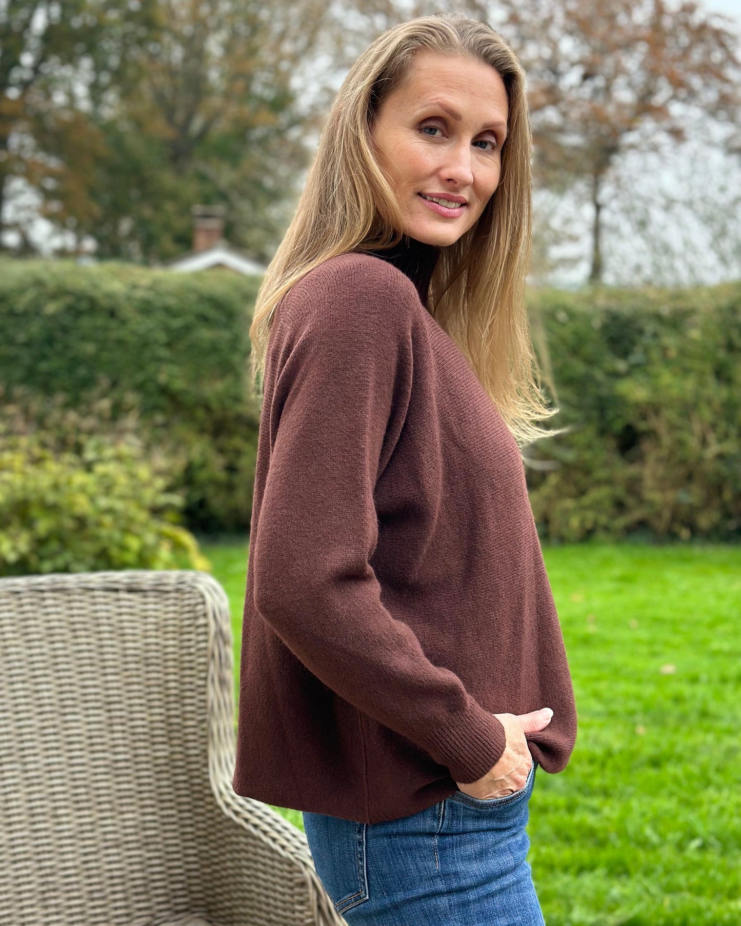 Clothing Funnel Neck Soft Knit Long Sleeve Jumper - Chocolate Brown