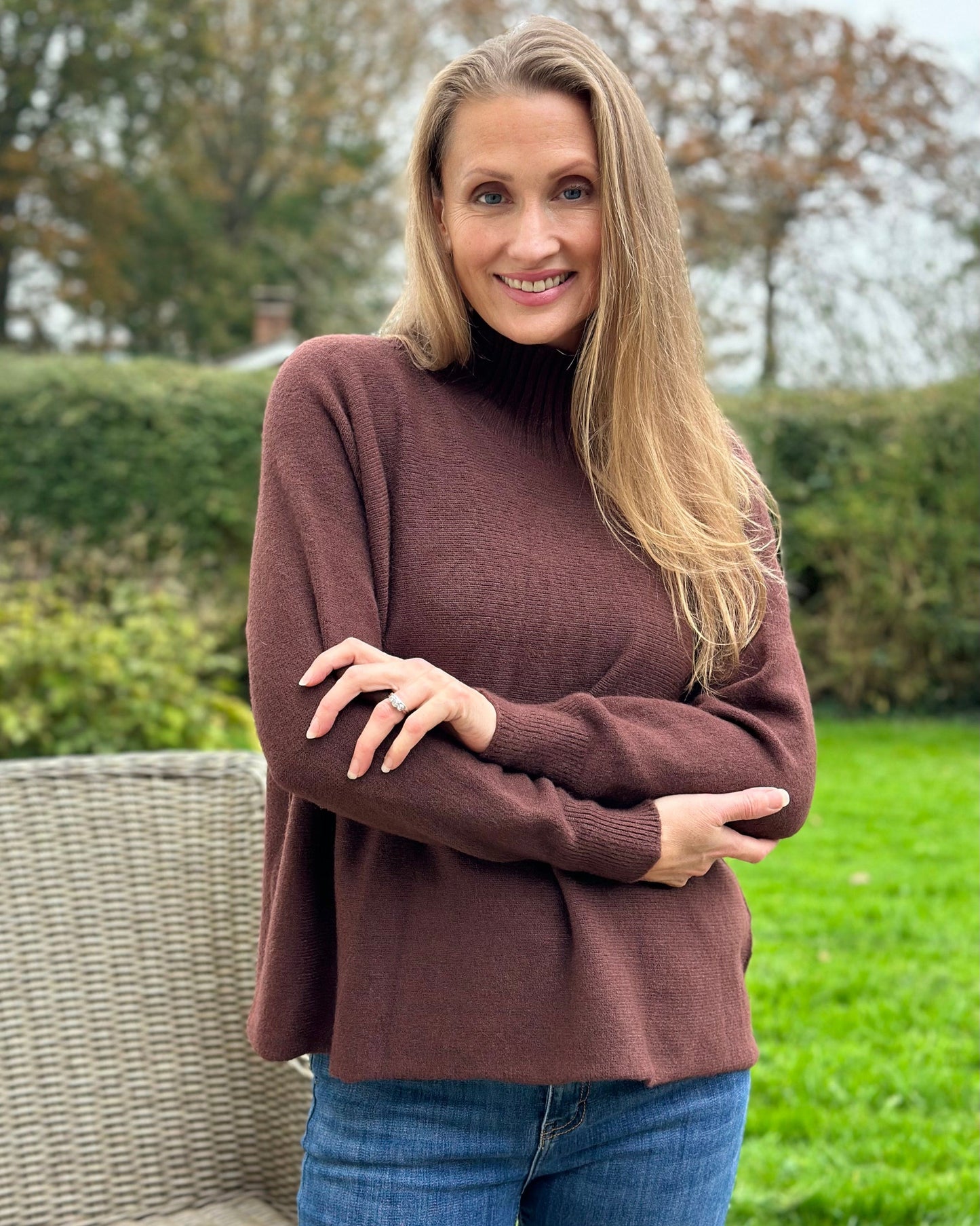 Clothing Funnel Neck Soft Knit Long Sleeve Jumper - Chocolate Brown