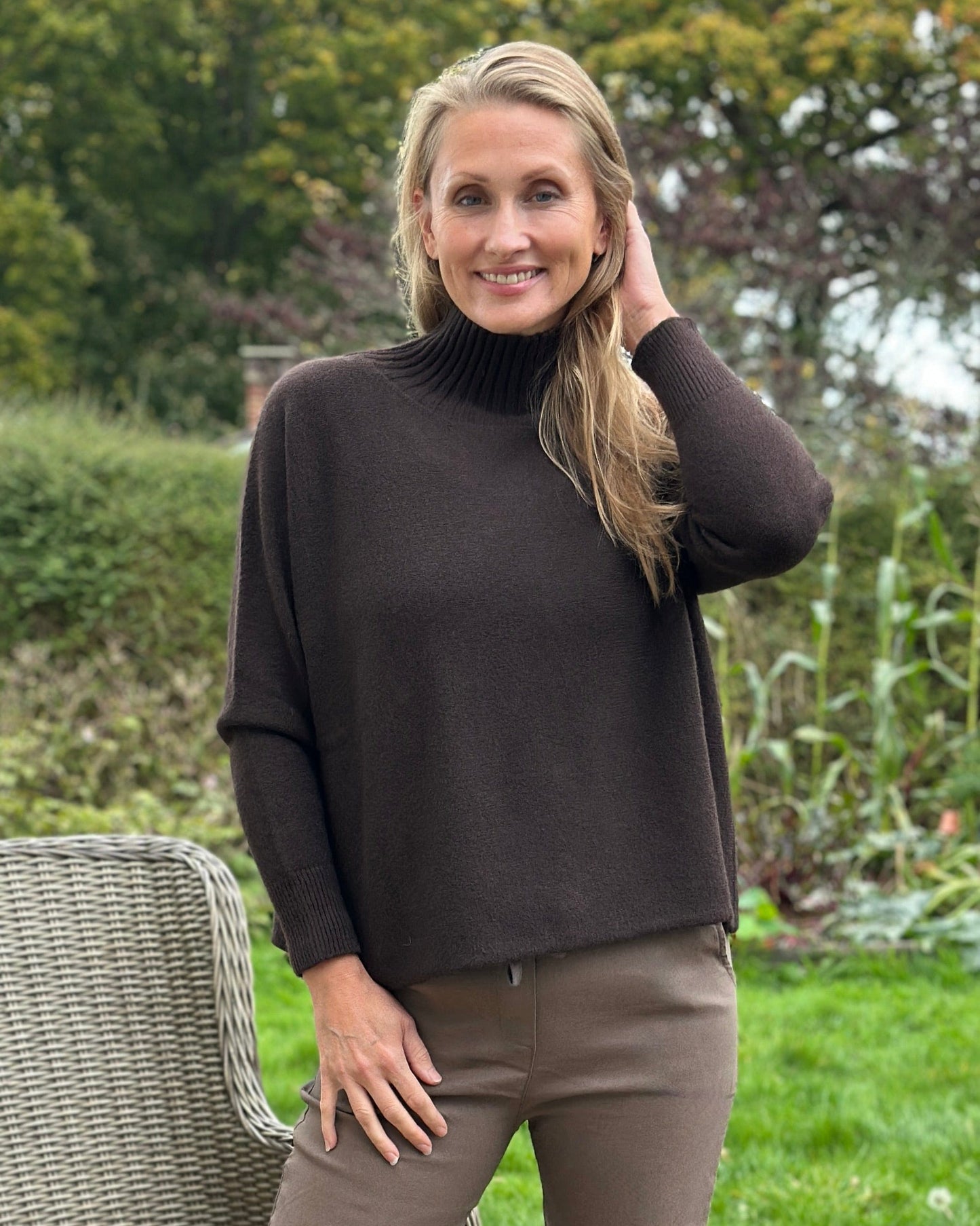 Clothing Funnel Neck Soft Knit Long Sleeve Jumper - Dark Chocolate