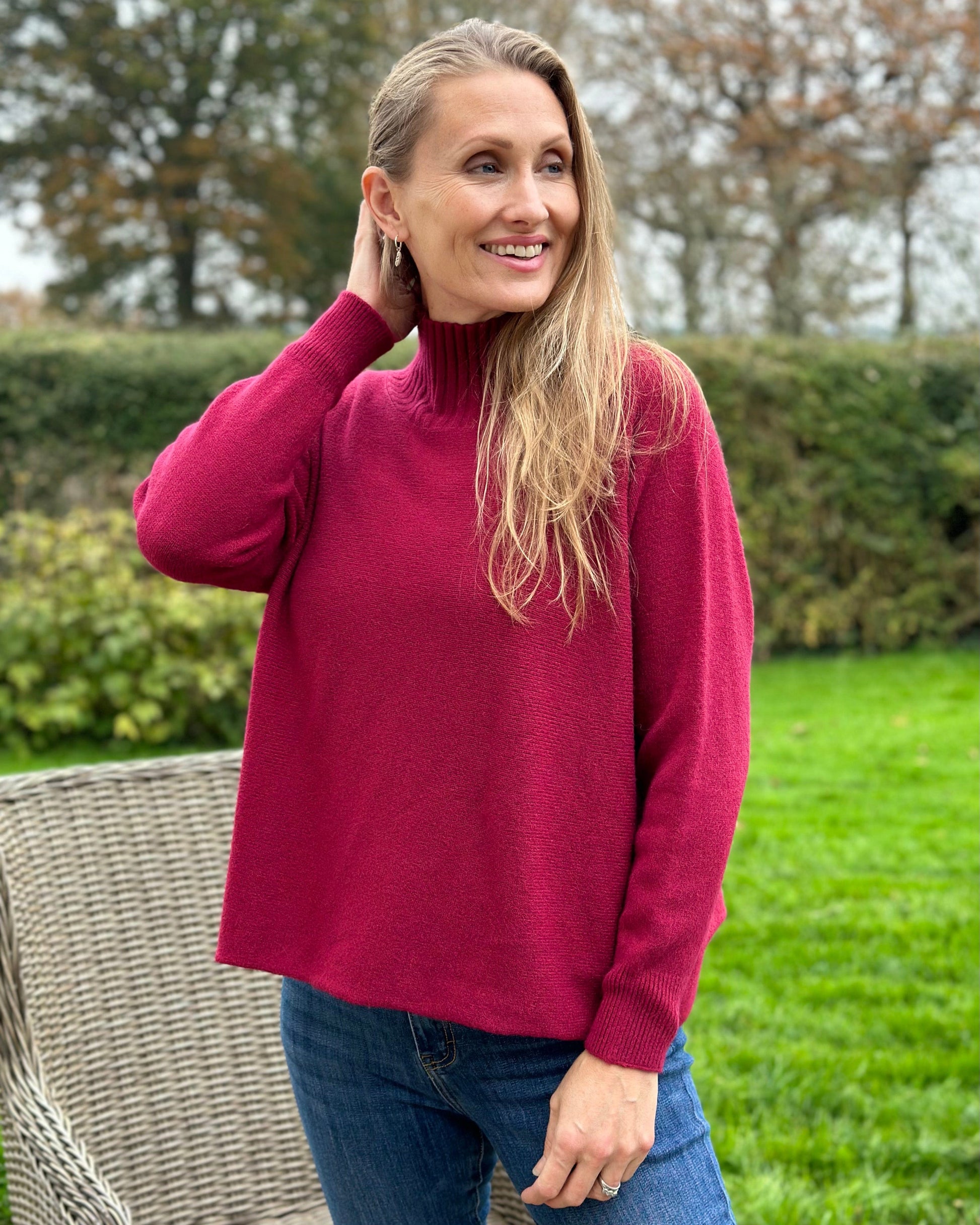 Clothing Funnel Neck Soft Knit Long Sleeve Jumper - Deep Red