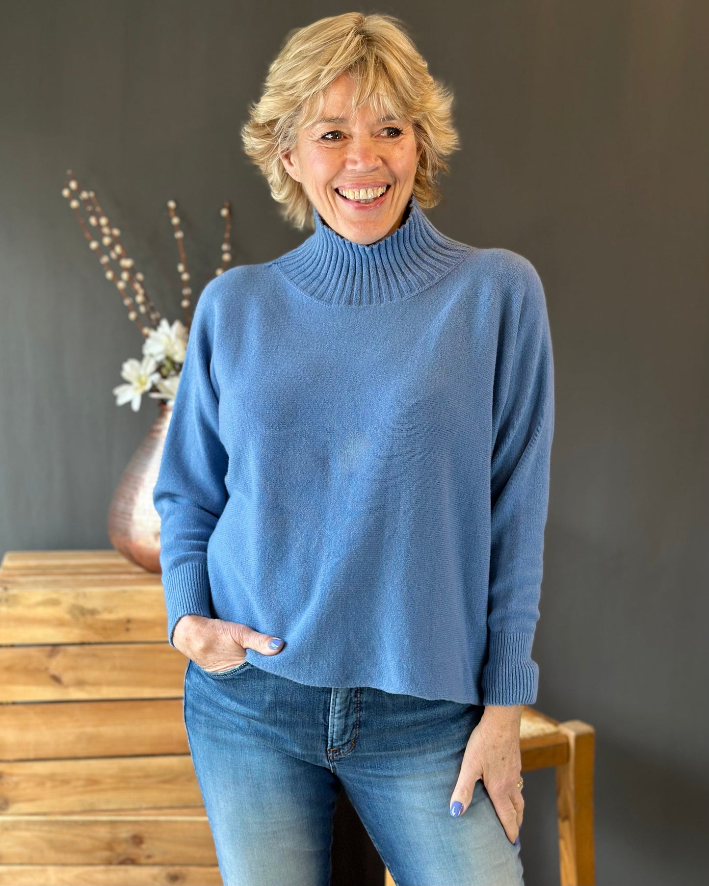 Clothing Funnel Neck Soft Knit Long Sleeve Jumper - Denim