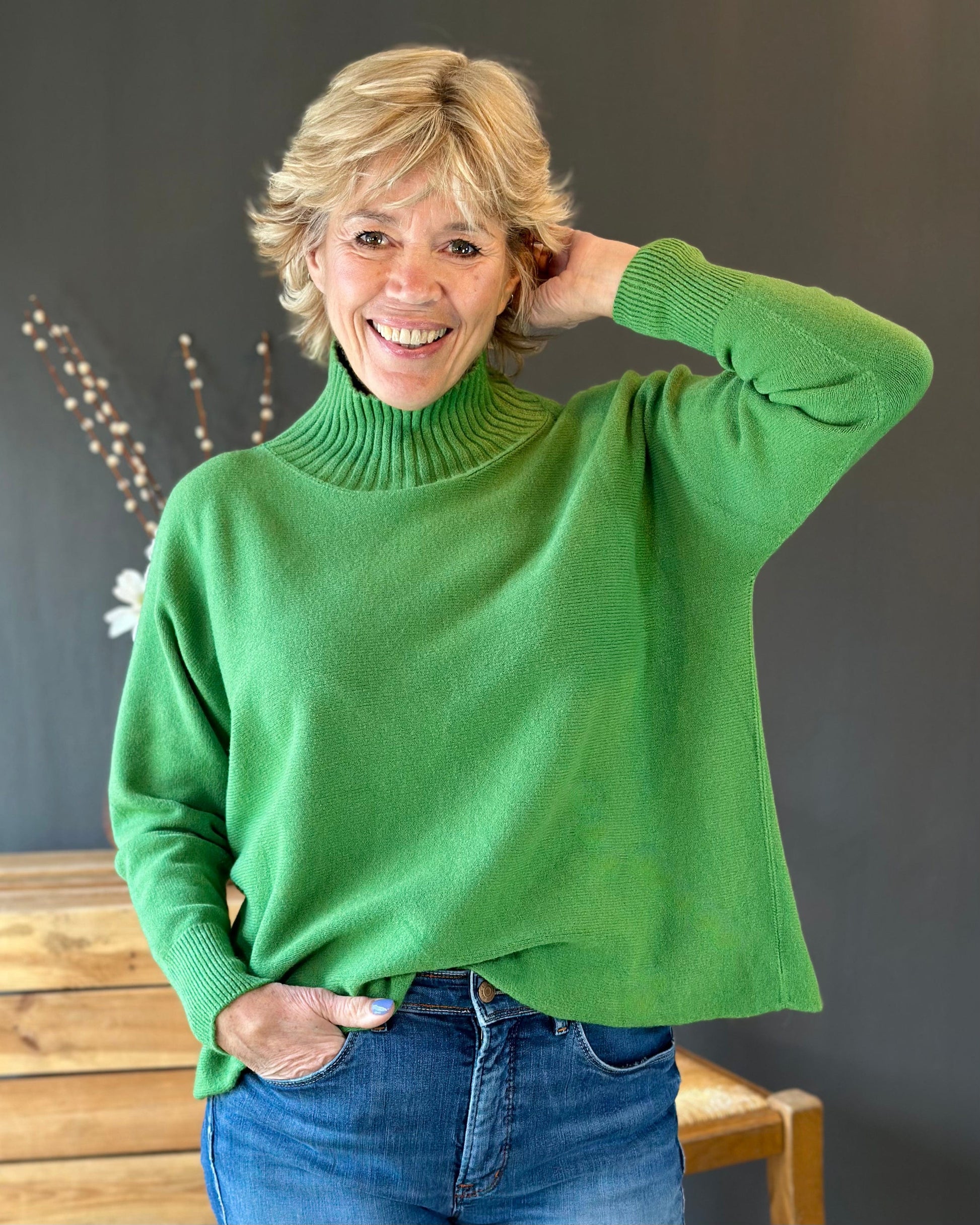 Clothing Funnel Neck Soft Knit Long Sleeve Jumper - Green