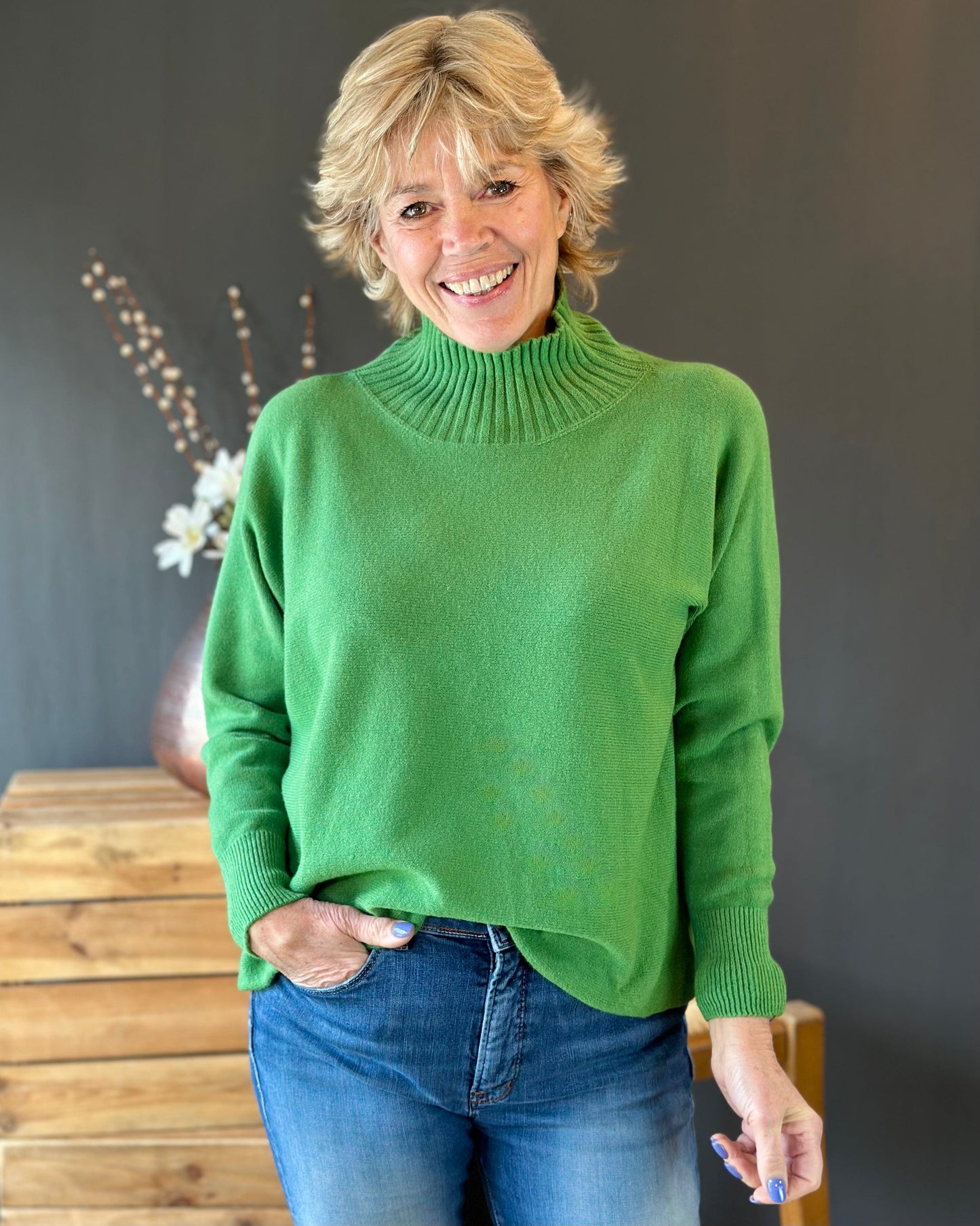 Clothing Funnel Neck Soft Knit Long Sleeve Jumper - Green