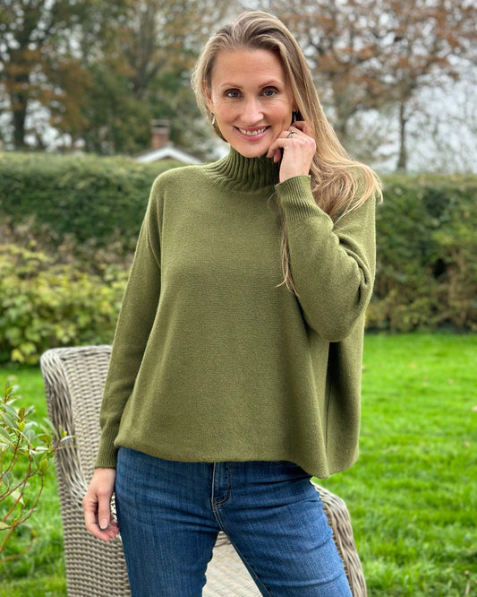 Clothing Funnel Neck Soft Knit Long Sleeve Jumper - Khaki