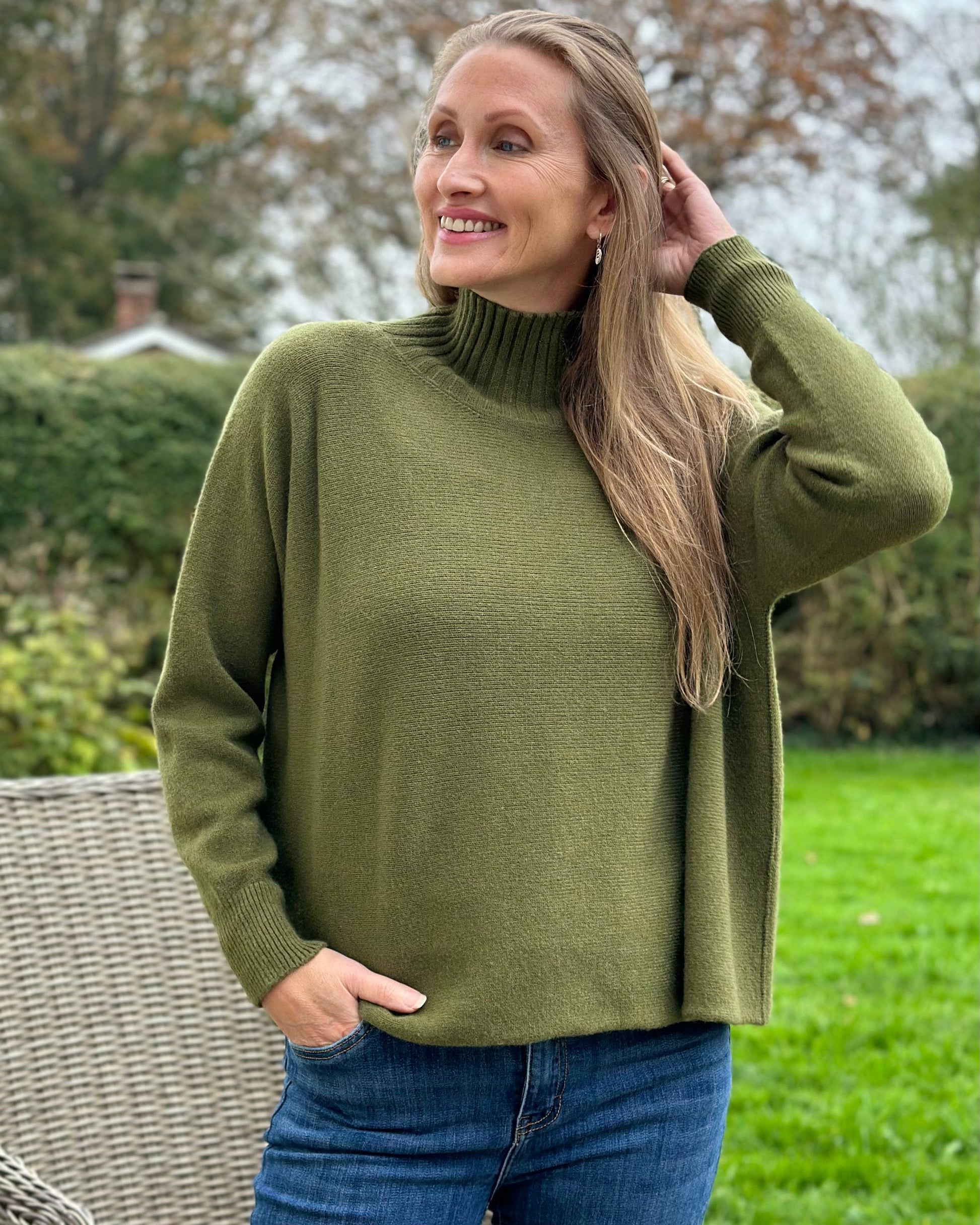 Clothing Funnel Neck Soft Knit Long Sleeve Jumper - Khaki