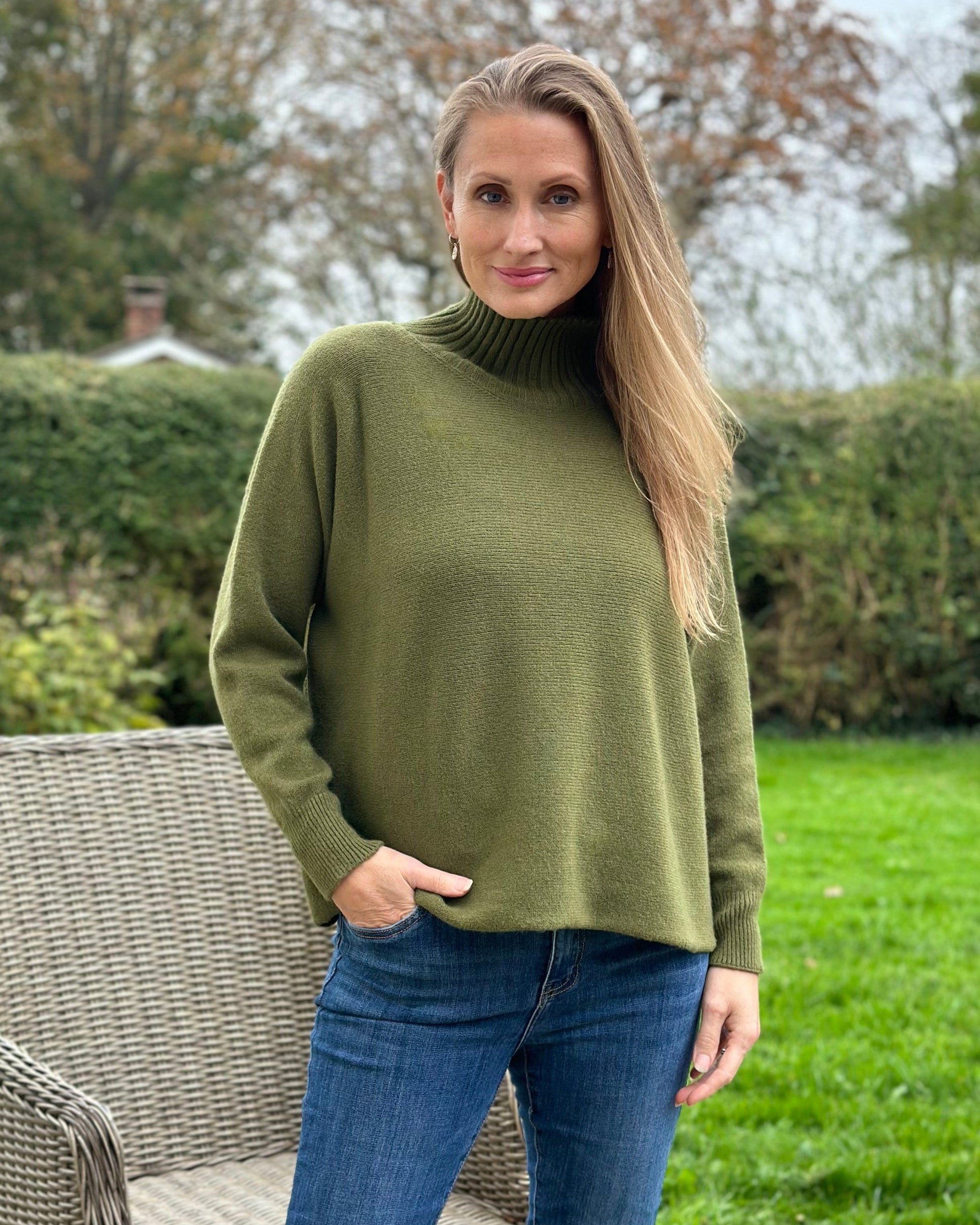 Clothing Funnel Neck Soft Knit Long Sleeve Jumper - Khaki