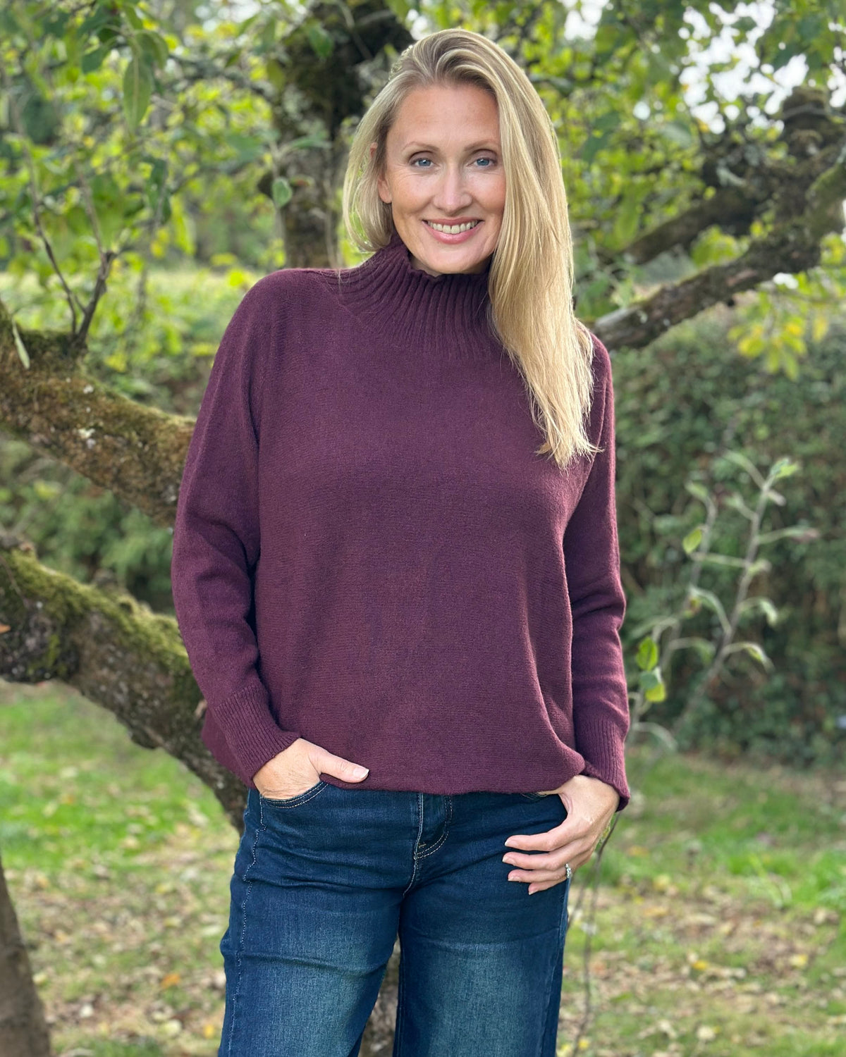 Clothing Funnel Neck Soft Knit Long Sleeve Jumper - Prune