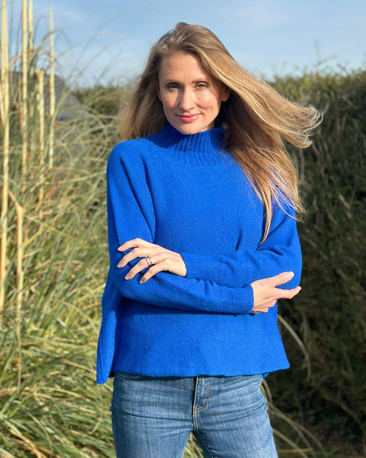 Clothing Funnel Neck Soft Knit Long Sleeve Jumper - Royal Blue