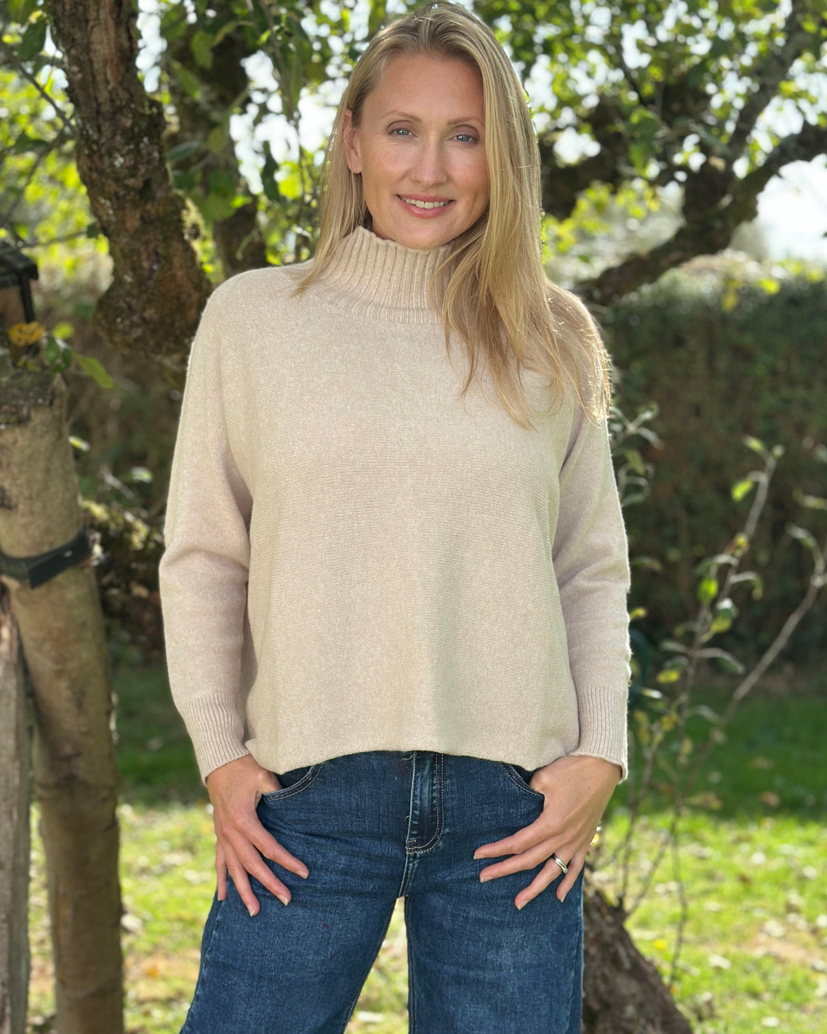 Clothing Funnel Neck Soft Knit Long Sleeve Jumper - Sand