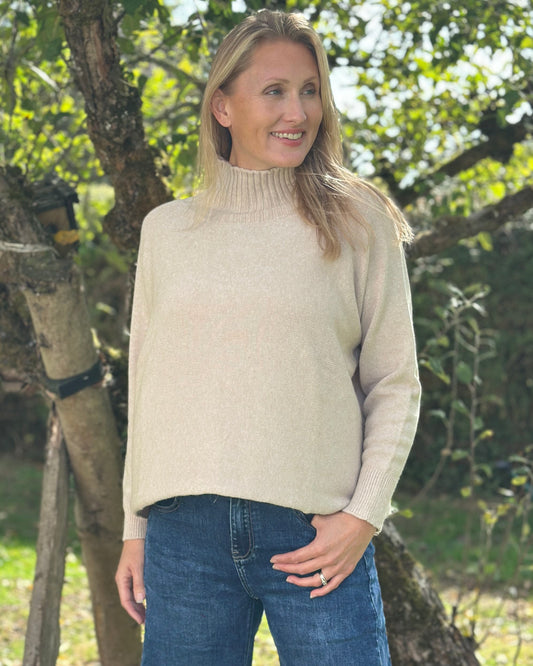 Clothing Funnel Neck Soft Knit Long Sleeve Jumper - Sand