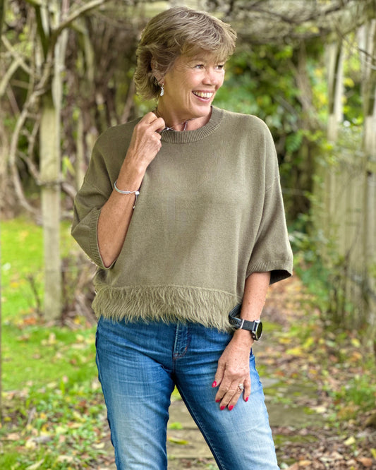 Clothing Fur Hem Soft Knit Jumper - Khaki