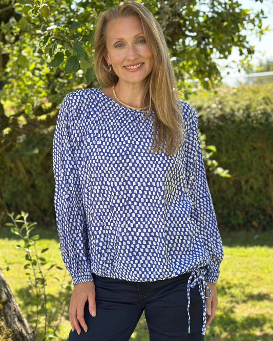Clothing Geo Spot Drawstring Hem Blouse - Blue/White